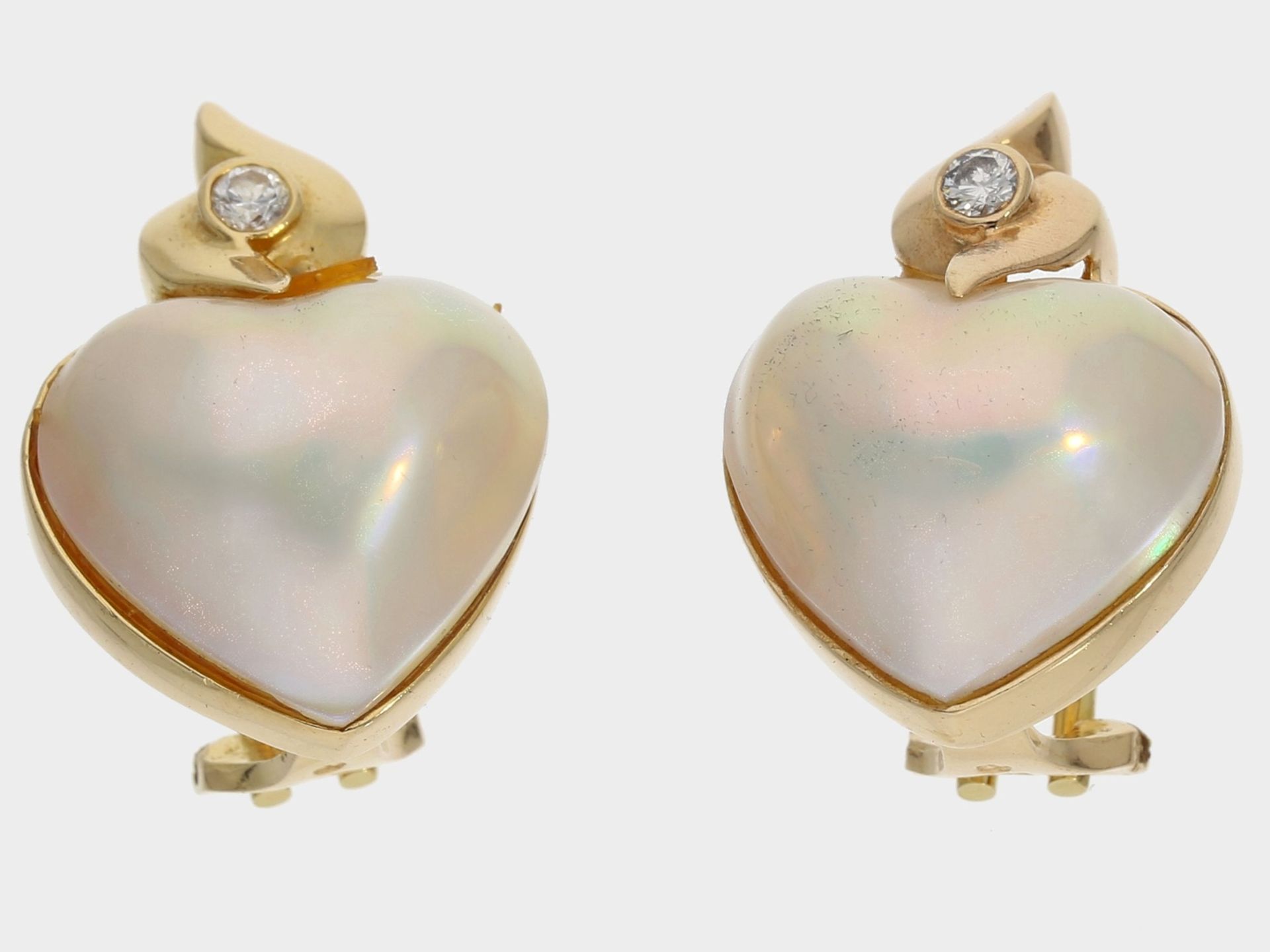 Ohrschmuck: attraktive Herzohrclips mit Brillanten und Mabeperlen, 14K Gold