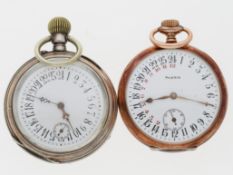 Taschenuhr: 2 seltene Taschenuhren mit 24h-Zifferblatt, ca.1900