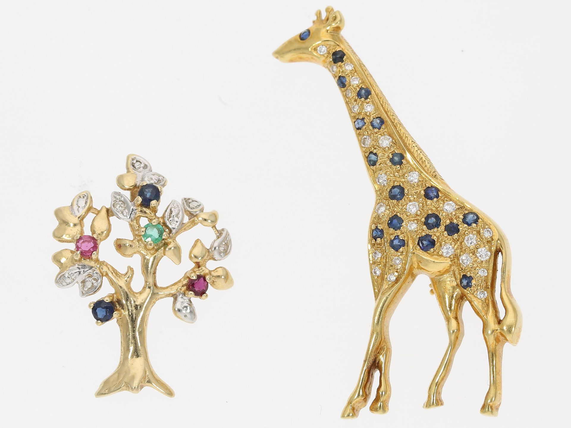 Anhänger/Brosche: Brillant-/Saphir-Giraffenbrosche und Baumanhänger, 18K und 14K Gold