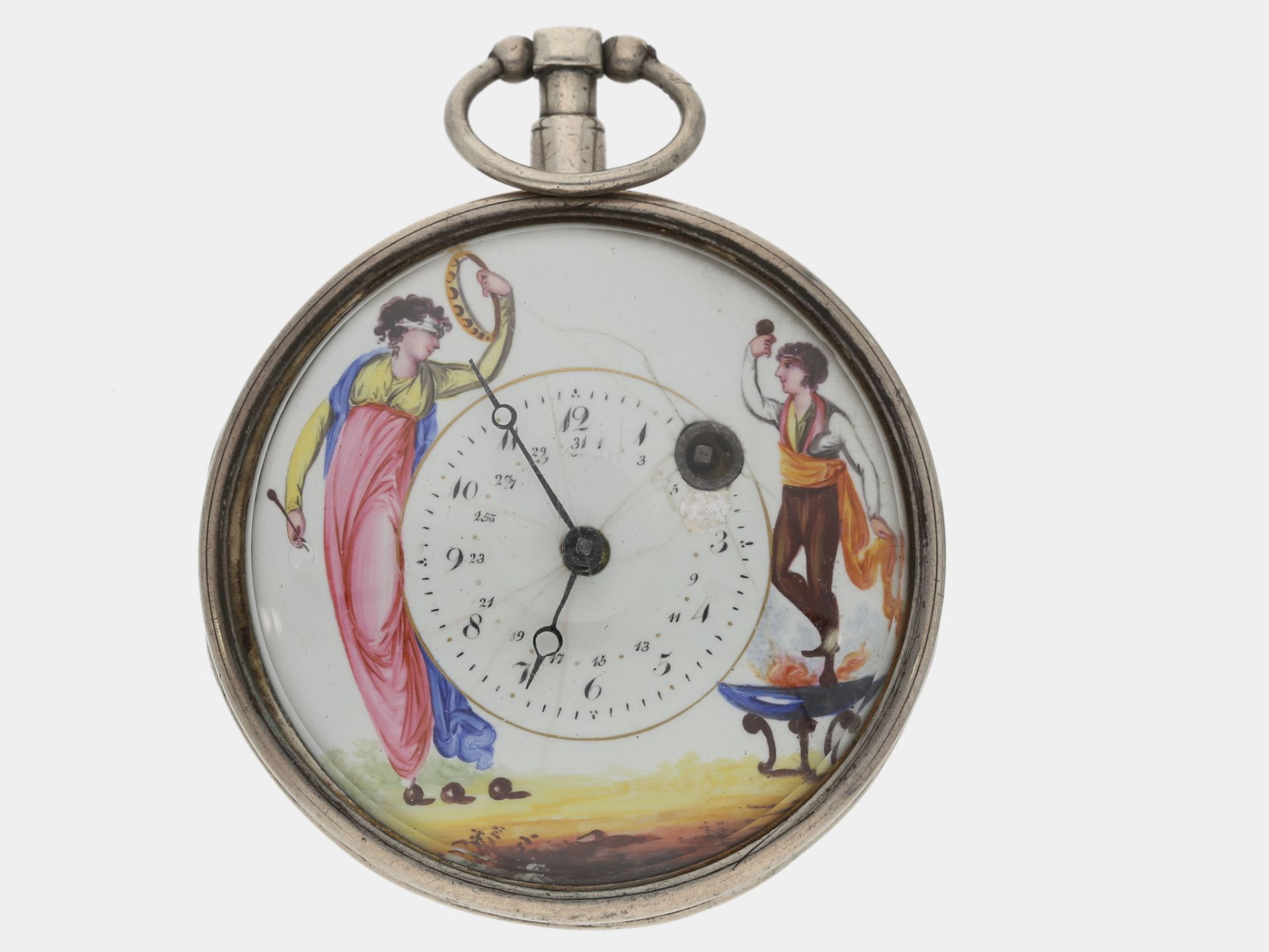 Taschenuhr: große französische Spindeluhr mit Emaille-Malerei, ca.1800