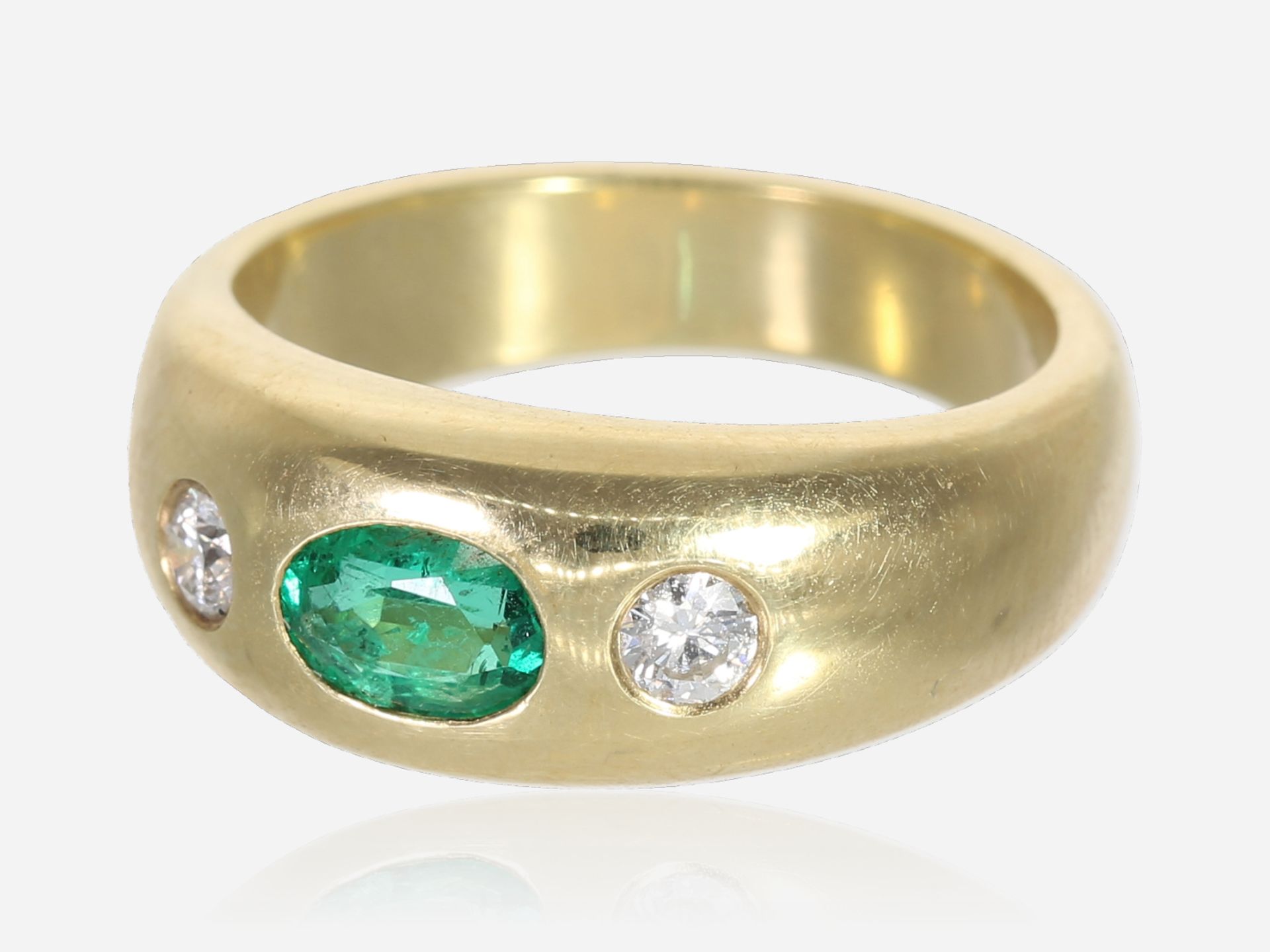 Ring: ehemals teurer, massiver vintage Bandring mit Smaragd- sowie Brillantbesatz, 14K Gold