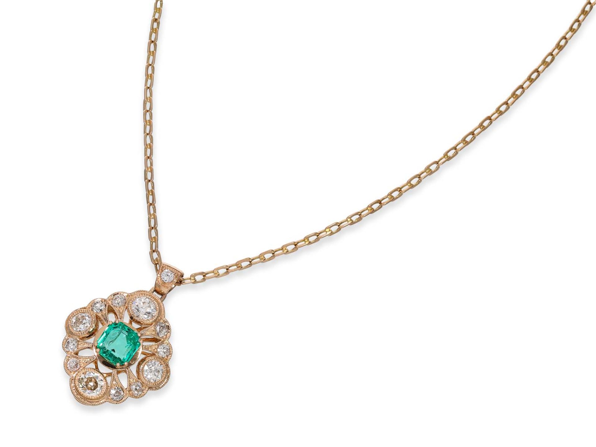 Chain/Collier/Pendant: fine anchor chain with very beautiful emerald/diamond pendant in antique styl - Image 2 of 5