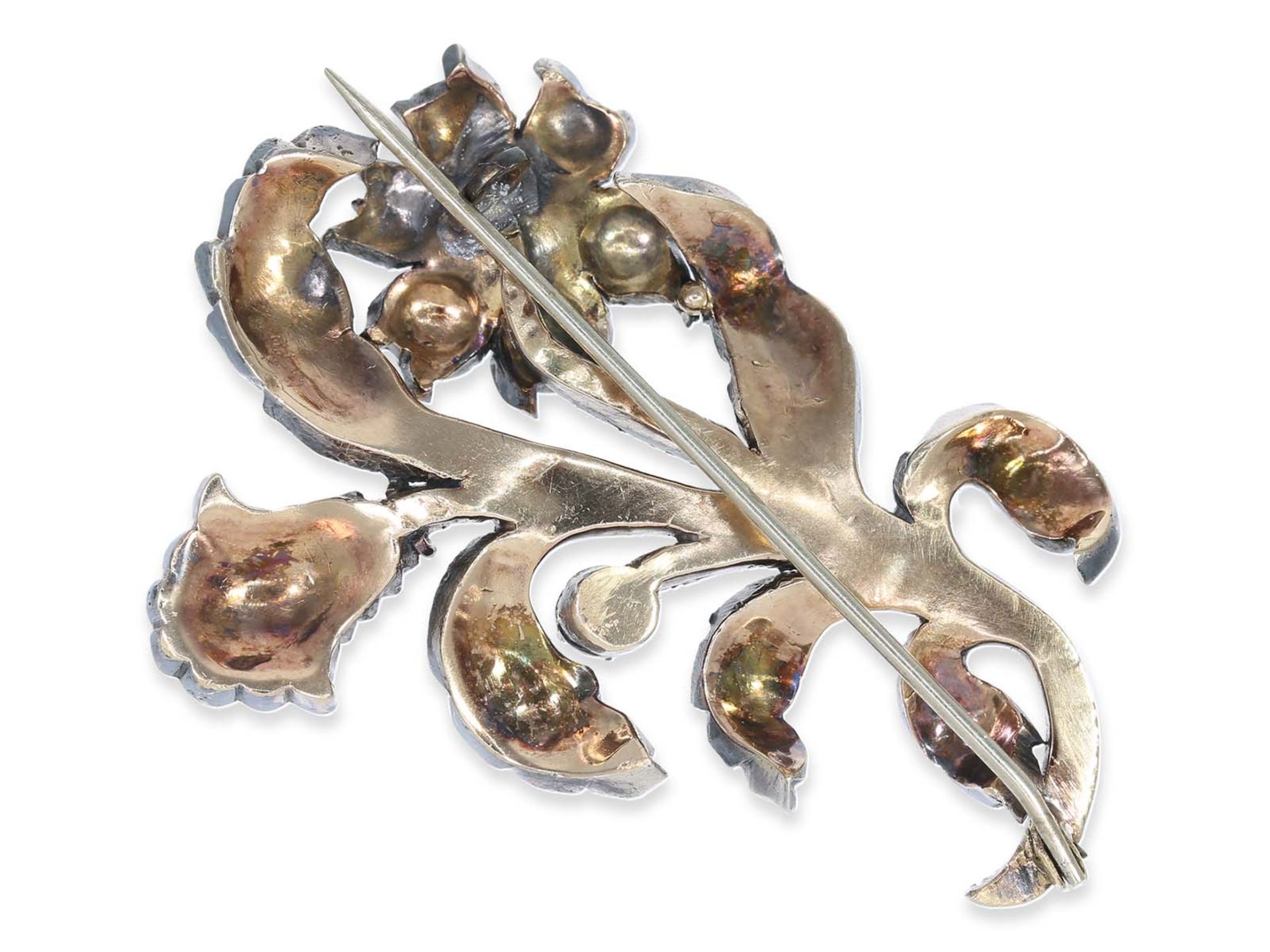 Brooch: interesting antique flower brooch with diamond roses, 14K gold / silver - Image 4 of 4