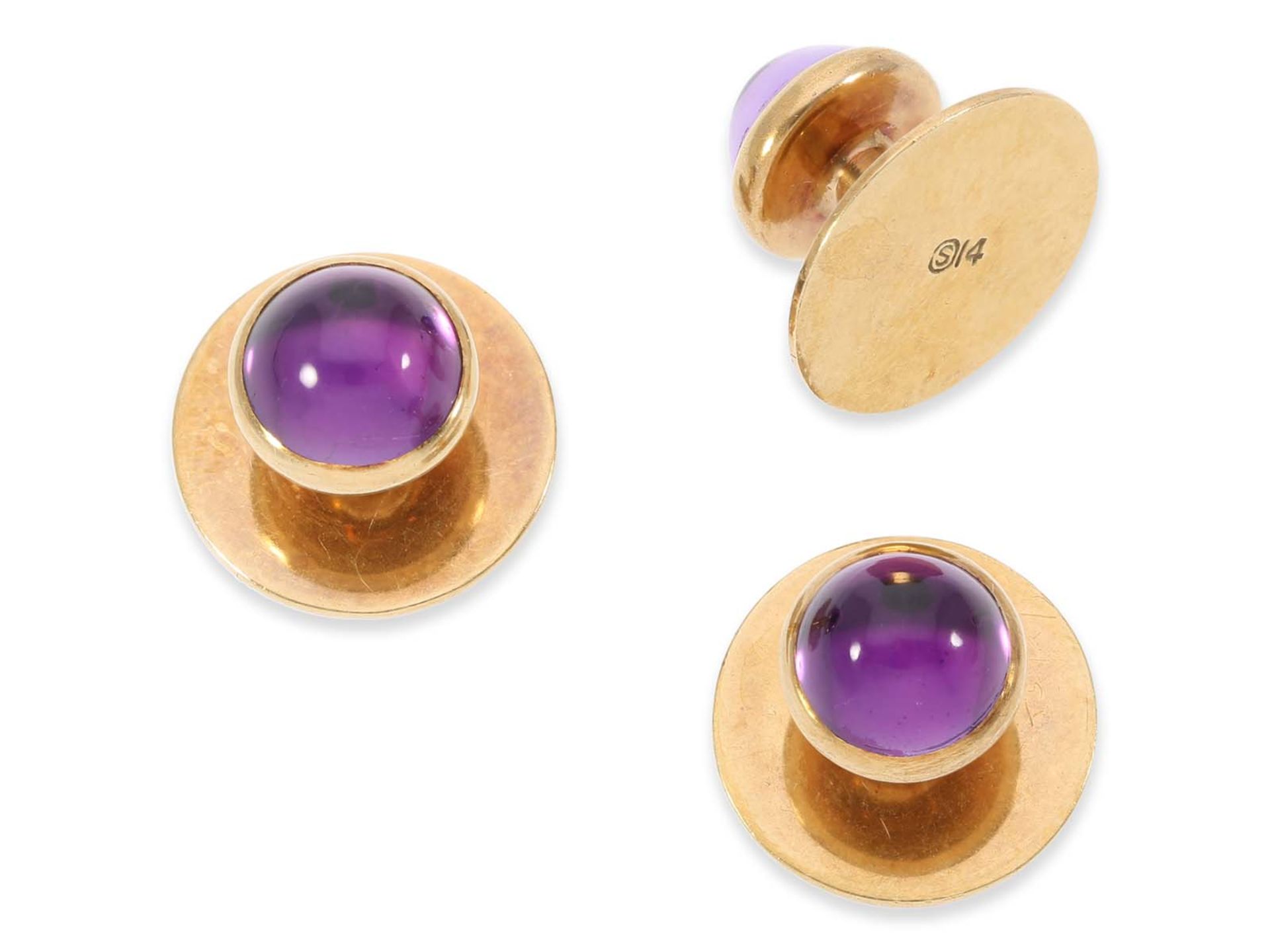 Cufflinks: handmade cufflinks and tailcoats with amethyst cabochons, 14K gold - Image 4 of 5