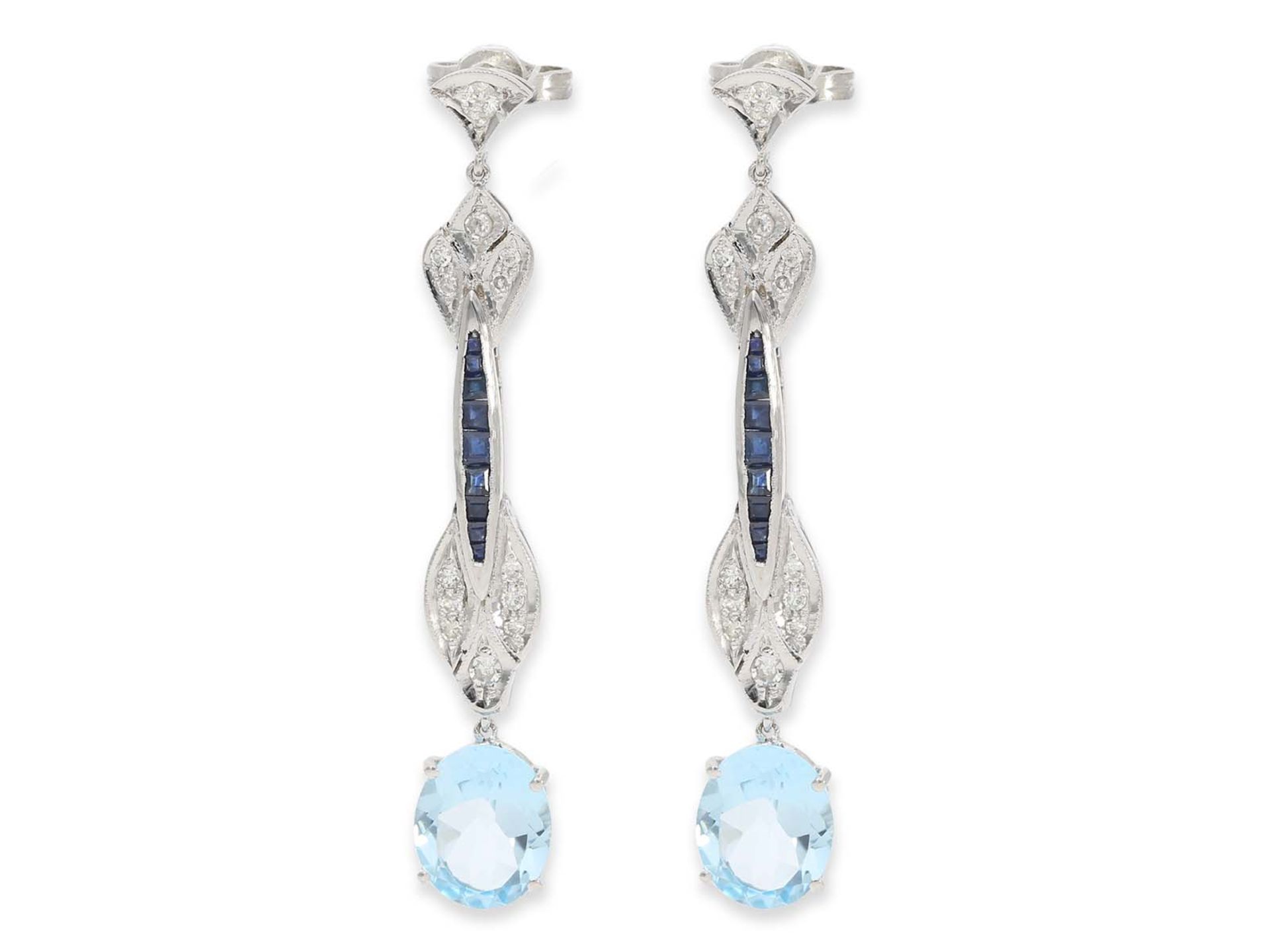 Earrings: unworn, high quality and decorative platinum earrings with aquamarine/sapphire and diamond - Image 2 of 2