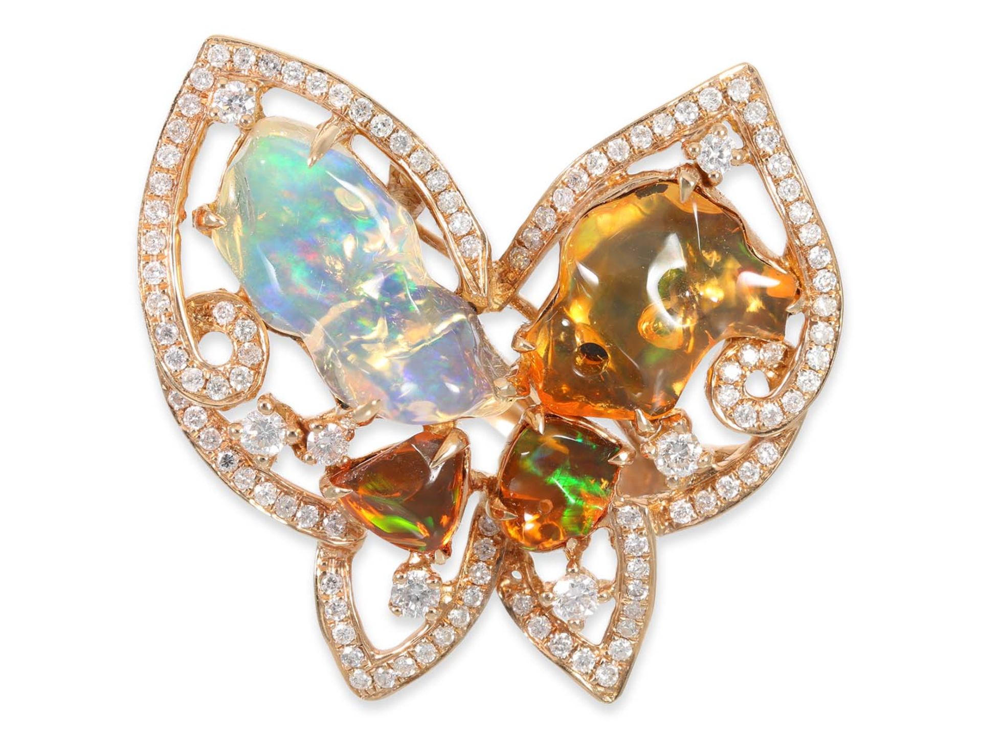 Ring: Unique cocktail ring with beautiful opals and diamond set, motif "butterfly", unworn