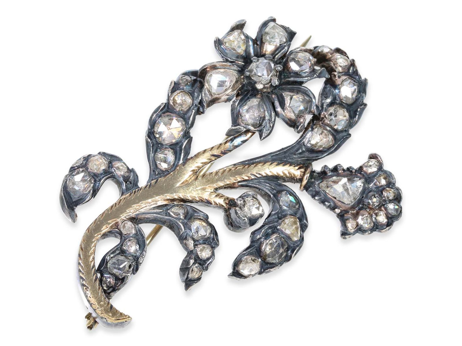 Brooch: interesting antique flower brooch with diamond roses, 14K gold / silver - Image 3 of 4