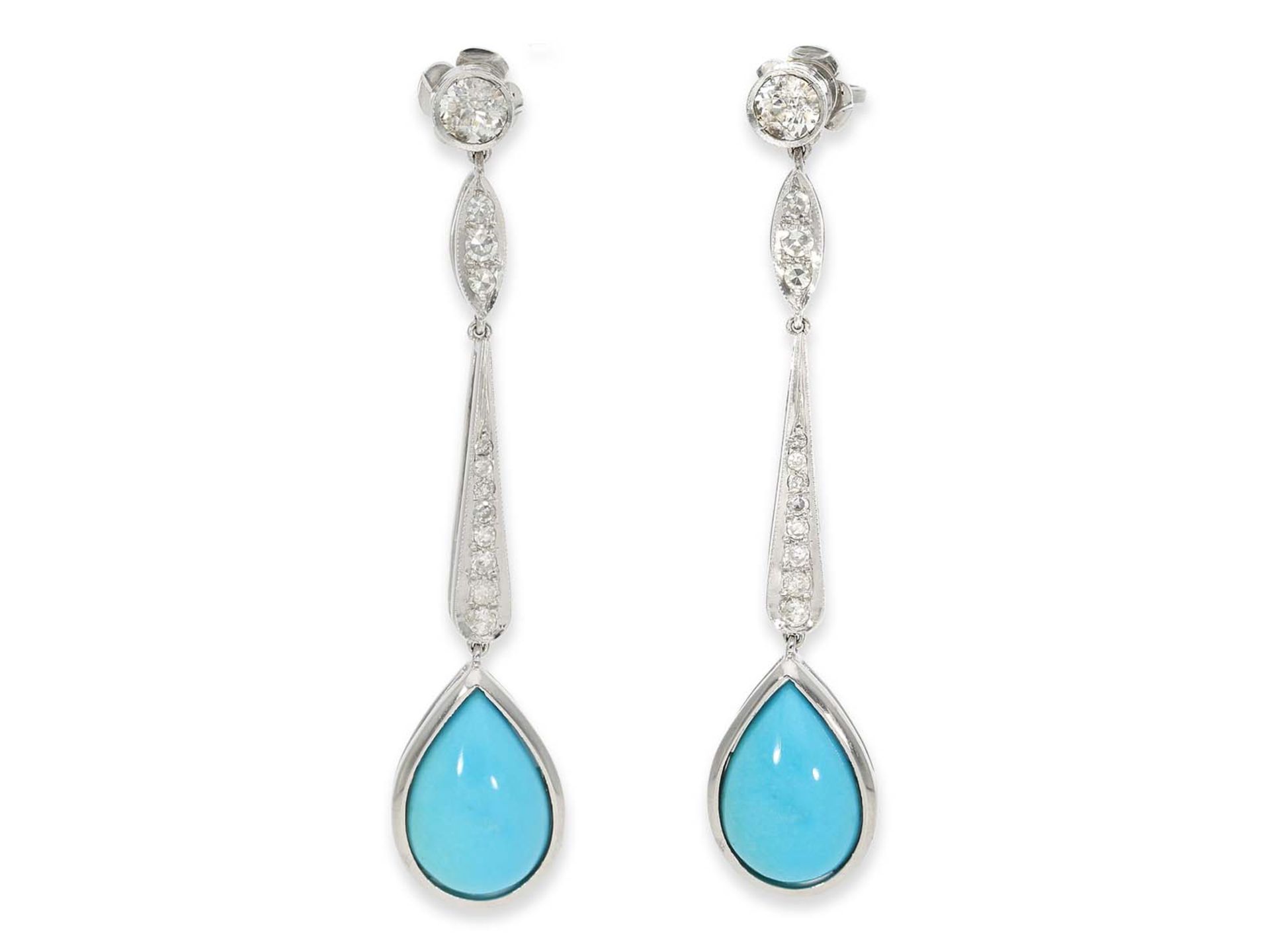 Earrings: unworn, extraordinary platinum earrings with turquoise and diamonds, handmade DEFECTIVE! M - Image 2 of 2