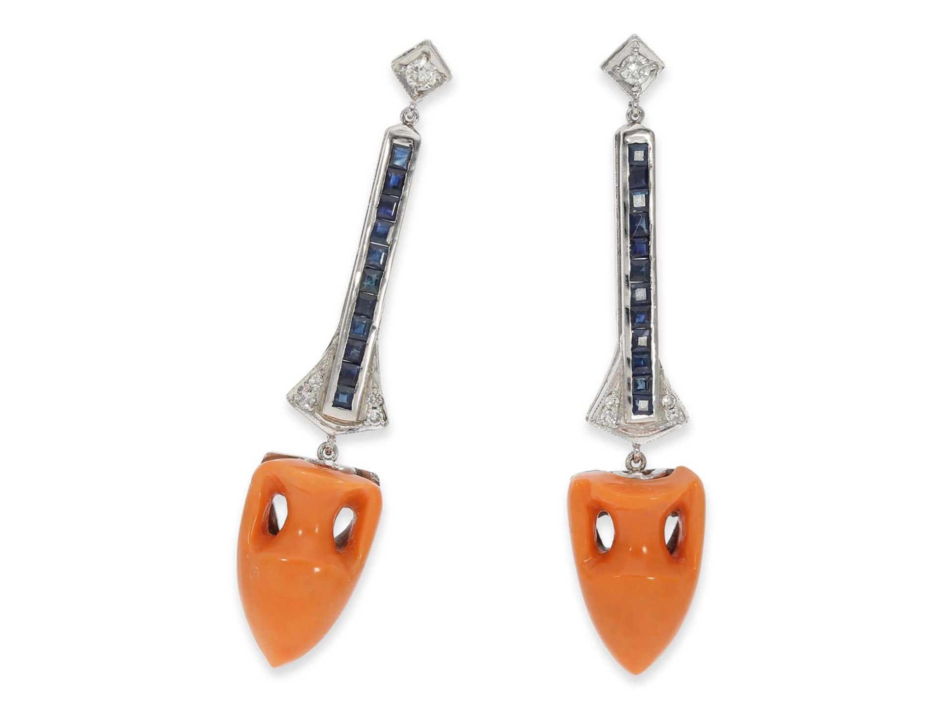 Earrings: very beautiful and fancy platinum earrings with coral, sapphire and diamonds, unworn