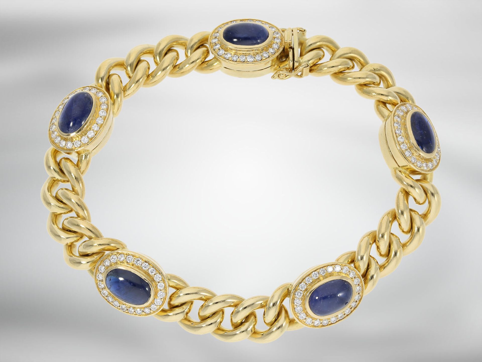 Bracelet: very high quality solid curb bracelet with sapphire cabochons and diamonds, total approx.  - Image 2 of 3