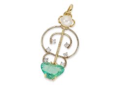 Pendant: decorative goldsmith pendant clip with emerald, pearl and diamonds, 18K gold
