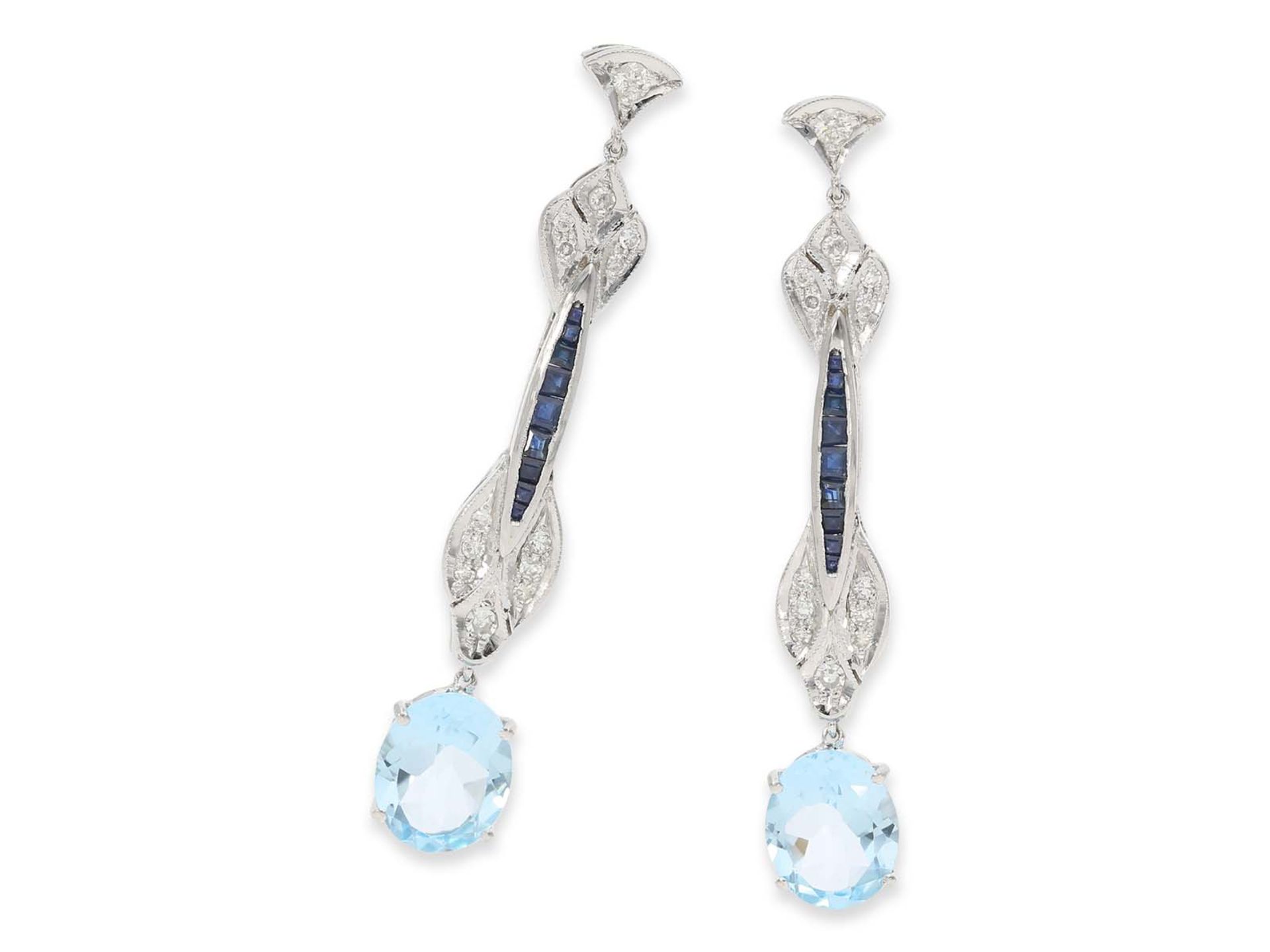 Earrings: unworn, high quality and decorative platinum earrings with aquamarine/sapphire and diamond