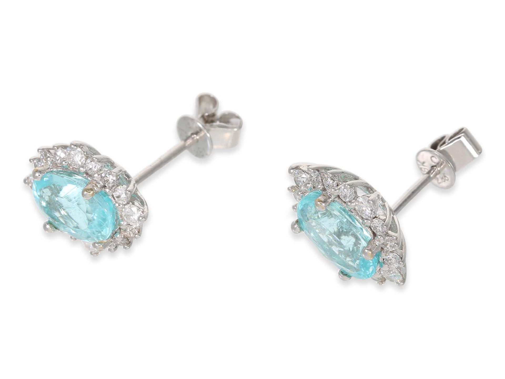 Ear jewelry: as good like new diamond studs with unique Paraiba tourmalines of together ca. 2,85ct - Image 2 of 2