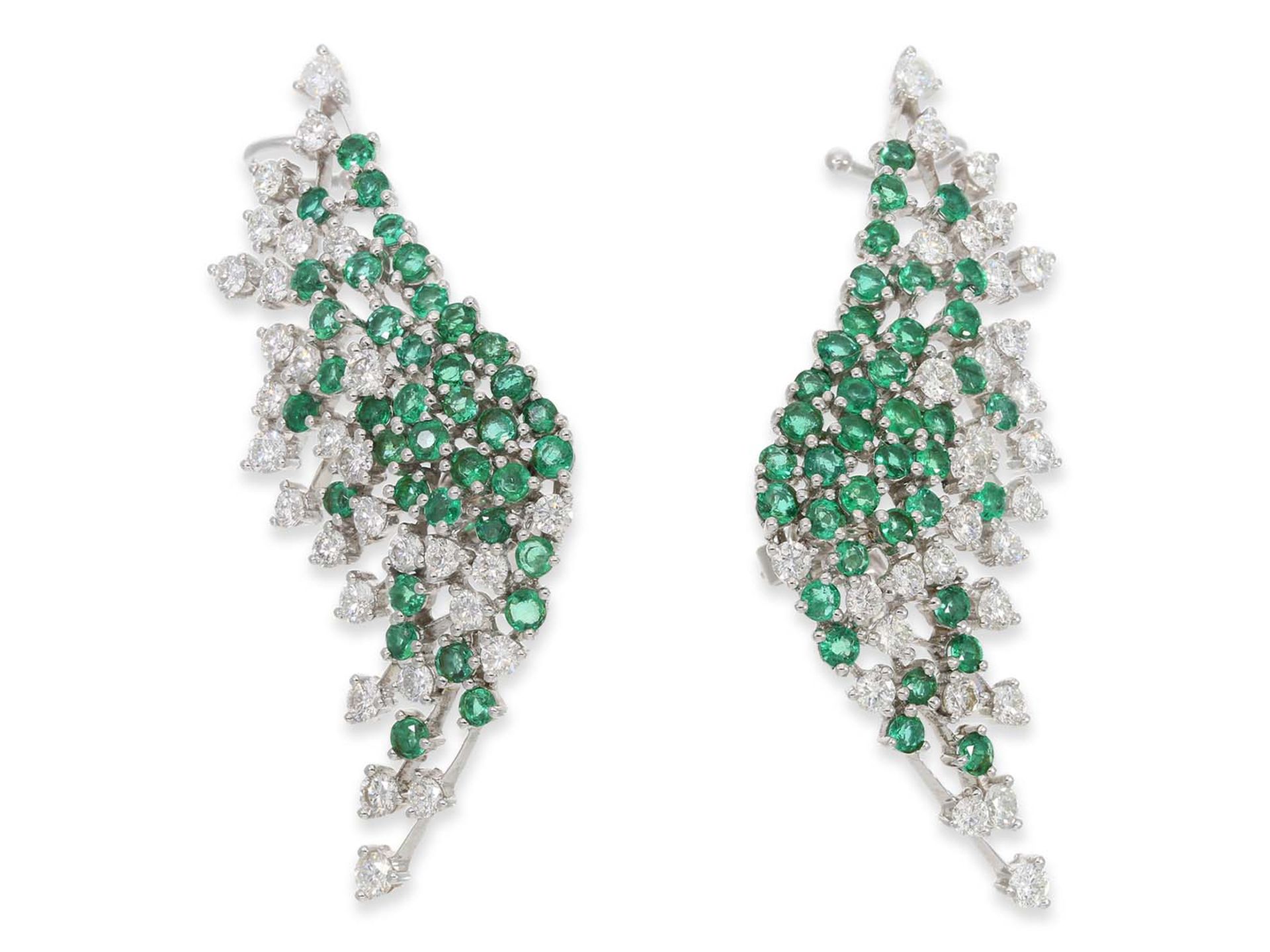 Ear jewelry: modern, unworn and fancy designer ear jewelry "wings" with diamonds and emeralds, 18K w