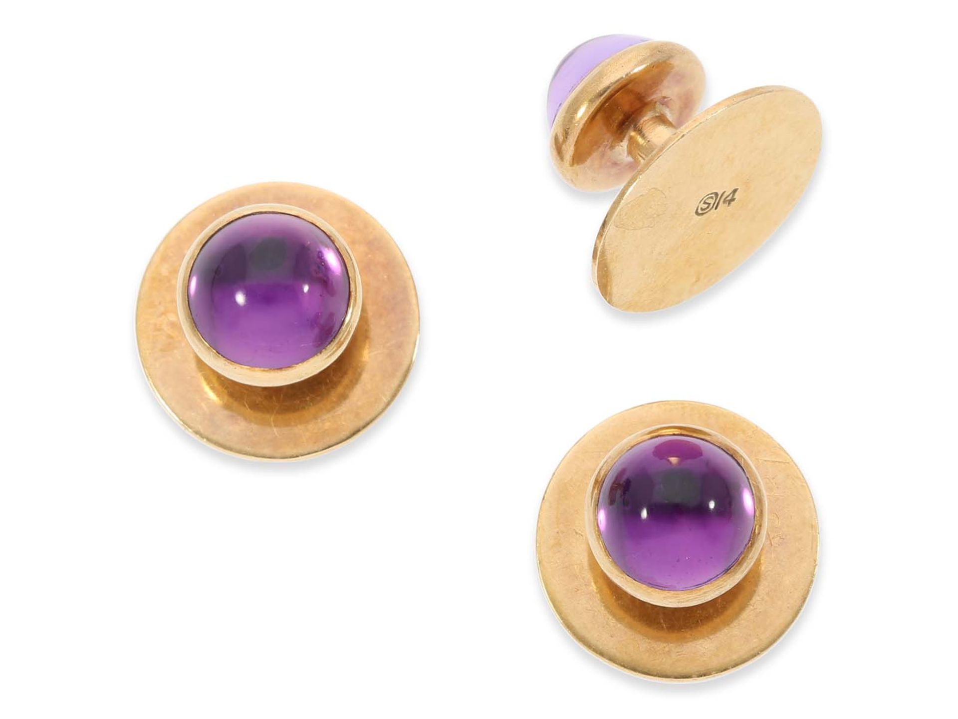 Cufflinks: handmade cufflinks and tailcoats with amethyst cabochons, 14K gold - Image 3 of 5