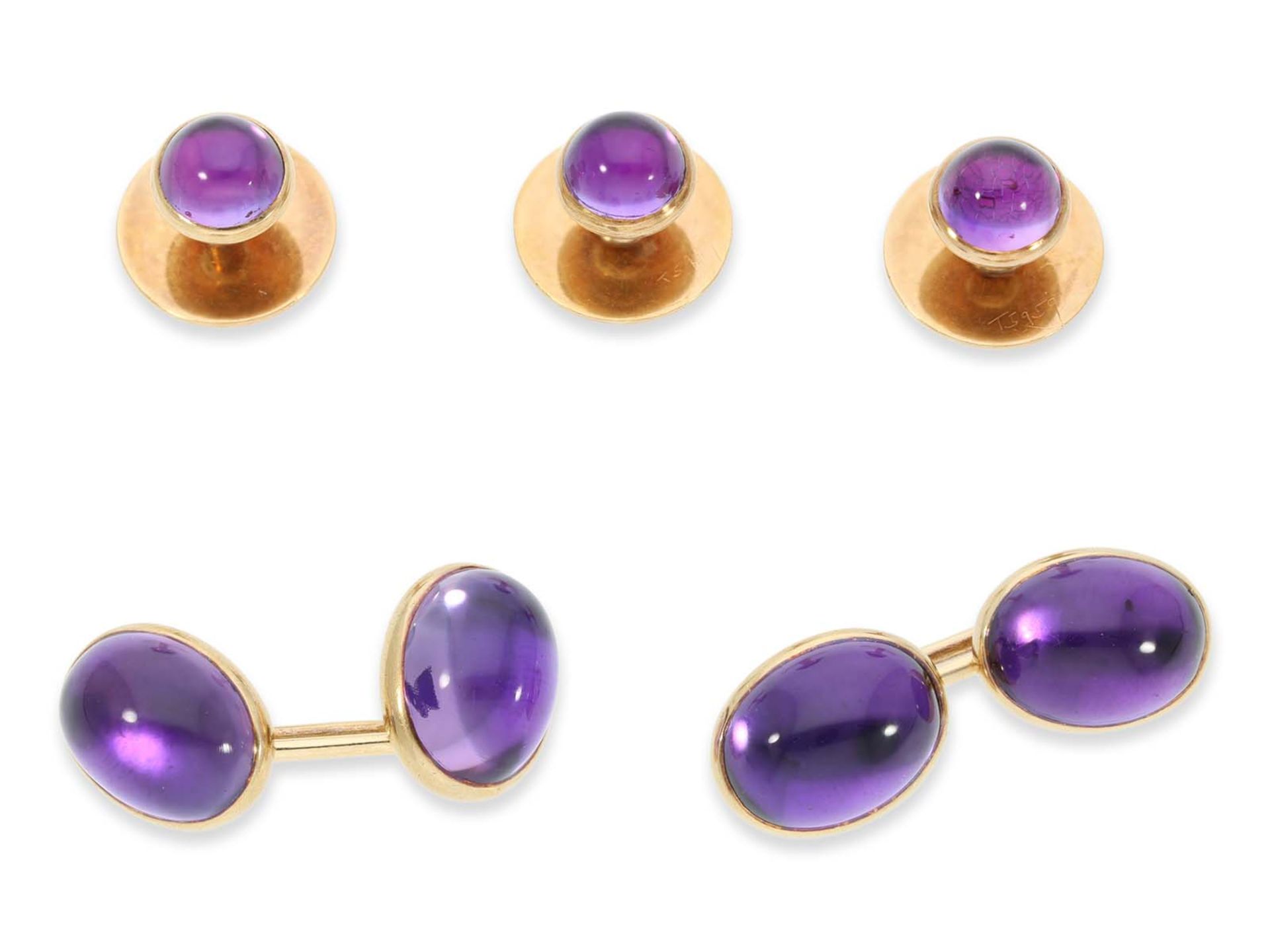 Cufflinks: handmade cufflinks and tailcoats with amethyst cabochons, 14K gold - Image 5 of 5