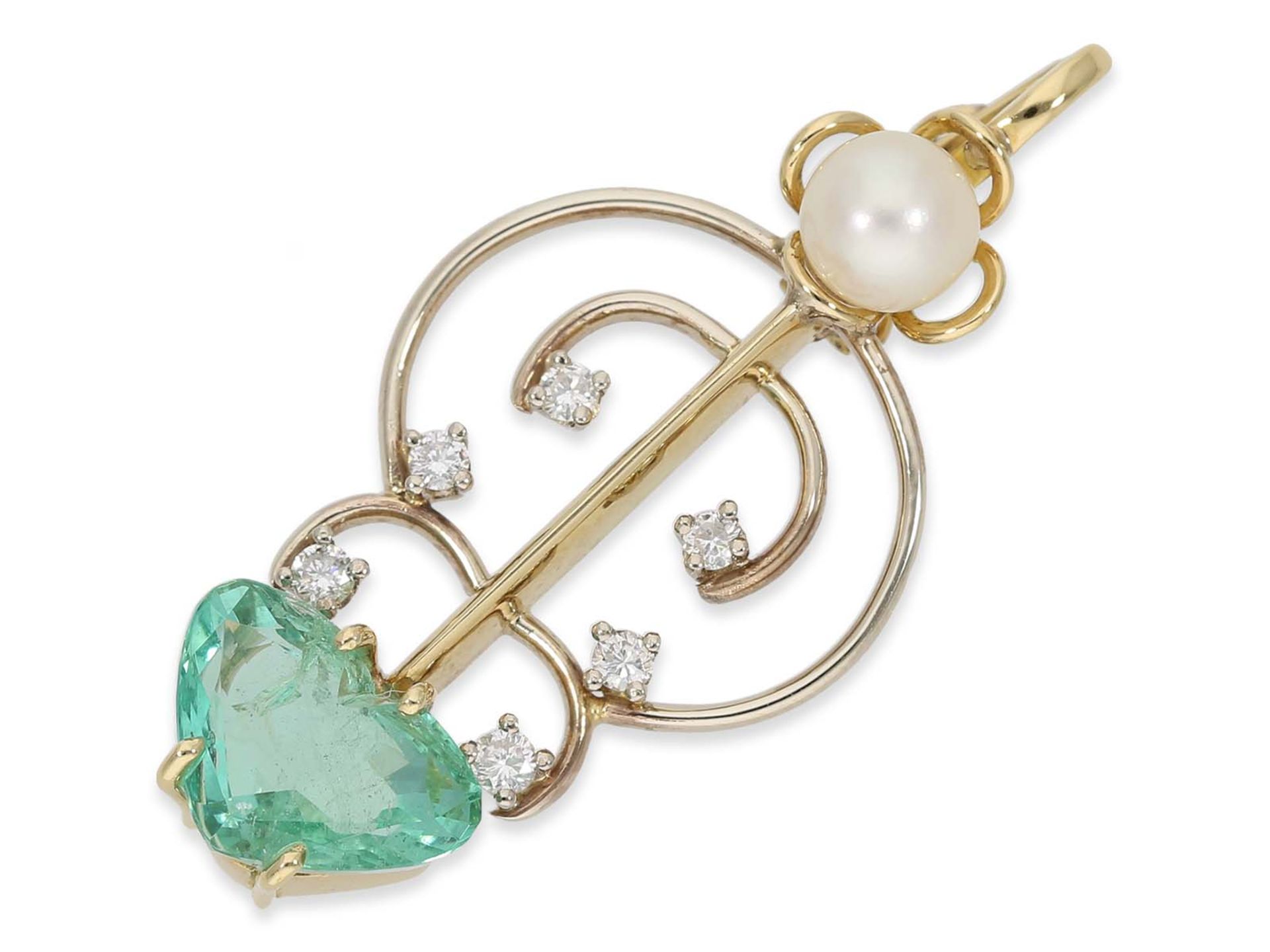 Pendant: decorative goldsmith pendant clip with emerald, pearl and diamonds, 18K gold - Image 3 of 3