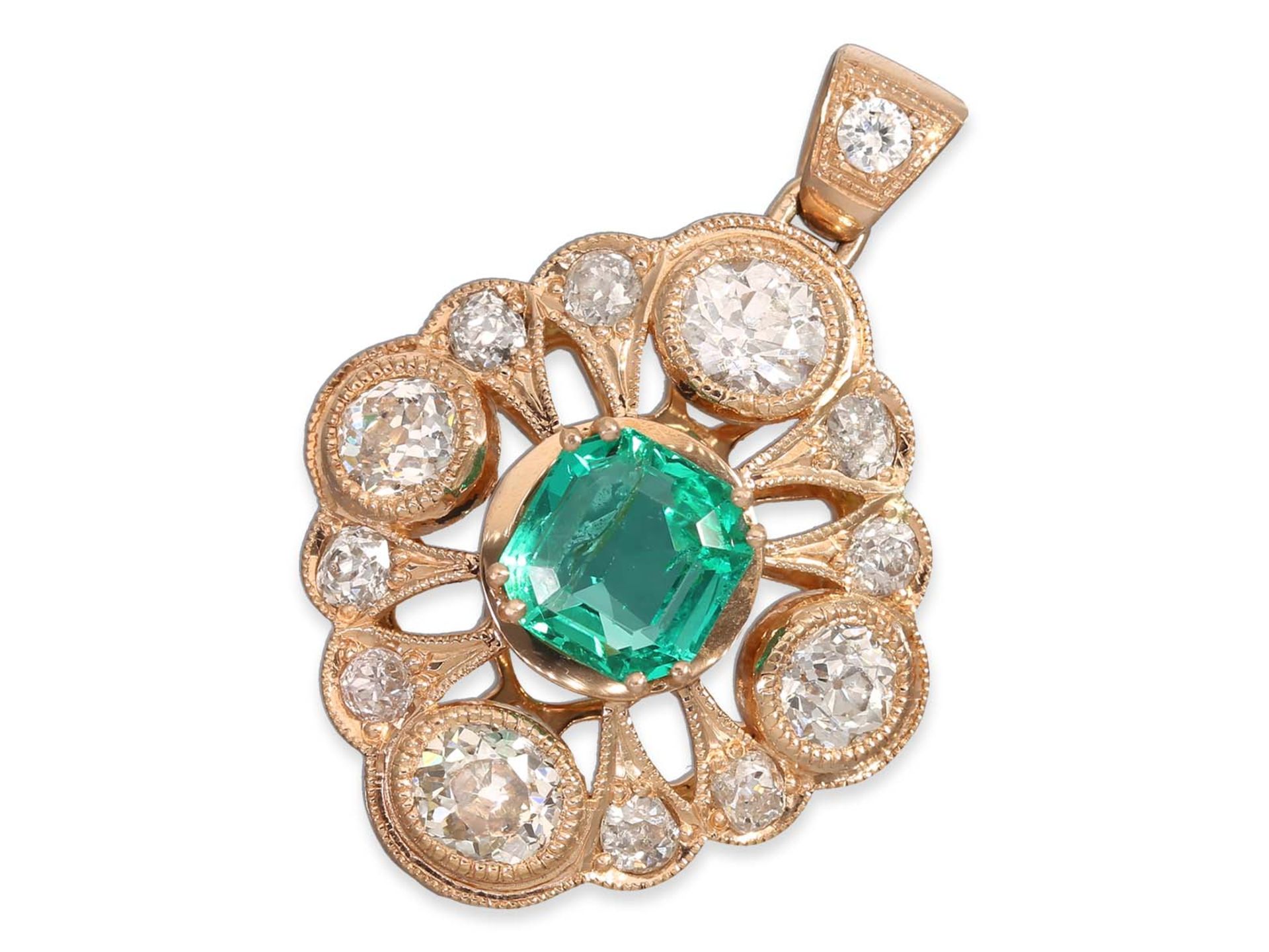 Chain/Collier/Pendant: fine anchor chain with very beautiful emerald/diamond pendant in antique styl - Image 3 of 5