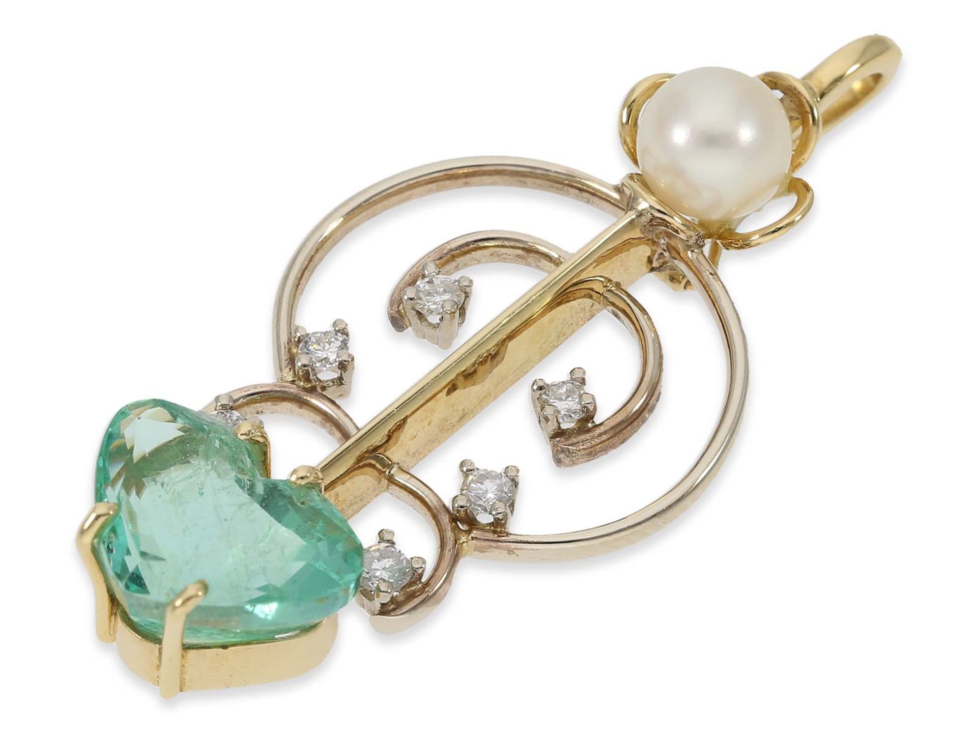 Pendant: decorative goldsmith pendant clip with emerald, pearl and diamonds, 18K gold - Image 2 of 3