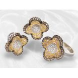 Schmuckset: florales Schmuckset aus Brillantring und Brillantohrclips, insgesamt ca. 3ct, 14K Gold