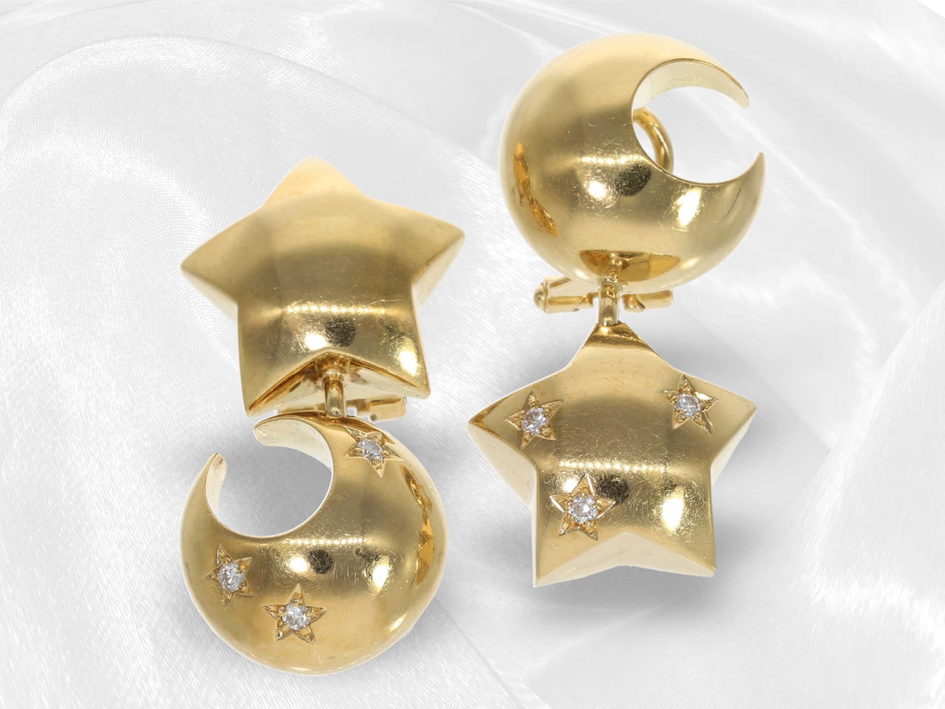 Ohrschmuck: hochwertiger, italienischer Designerschmuck mit Brillanten, "Mond & Sterne", 18K Gold