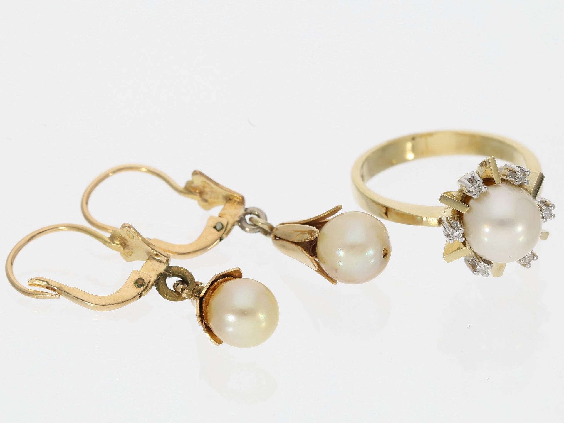 Ring/Ohrschmuck: antiker/vintage Goldring und Ohrschmuck mit Perlen und Diamantbesatz - Bild 2 aus 2