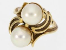 Ring: handgefertigter dekorativer vintage Zuchtperlring, 14K Gold, Mitte 20. Jahrhundert