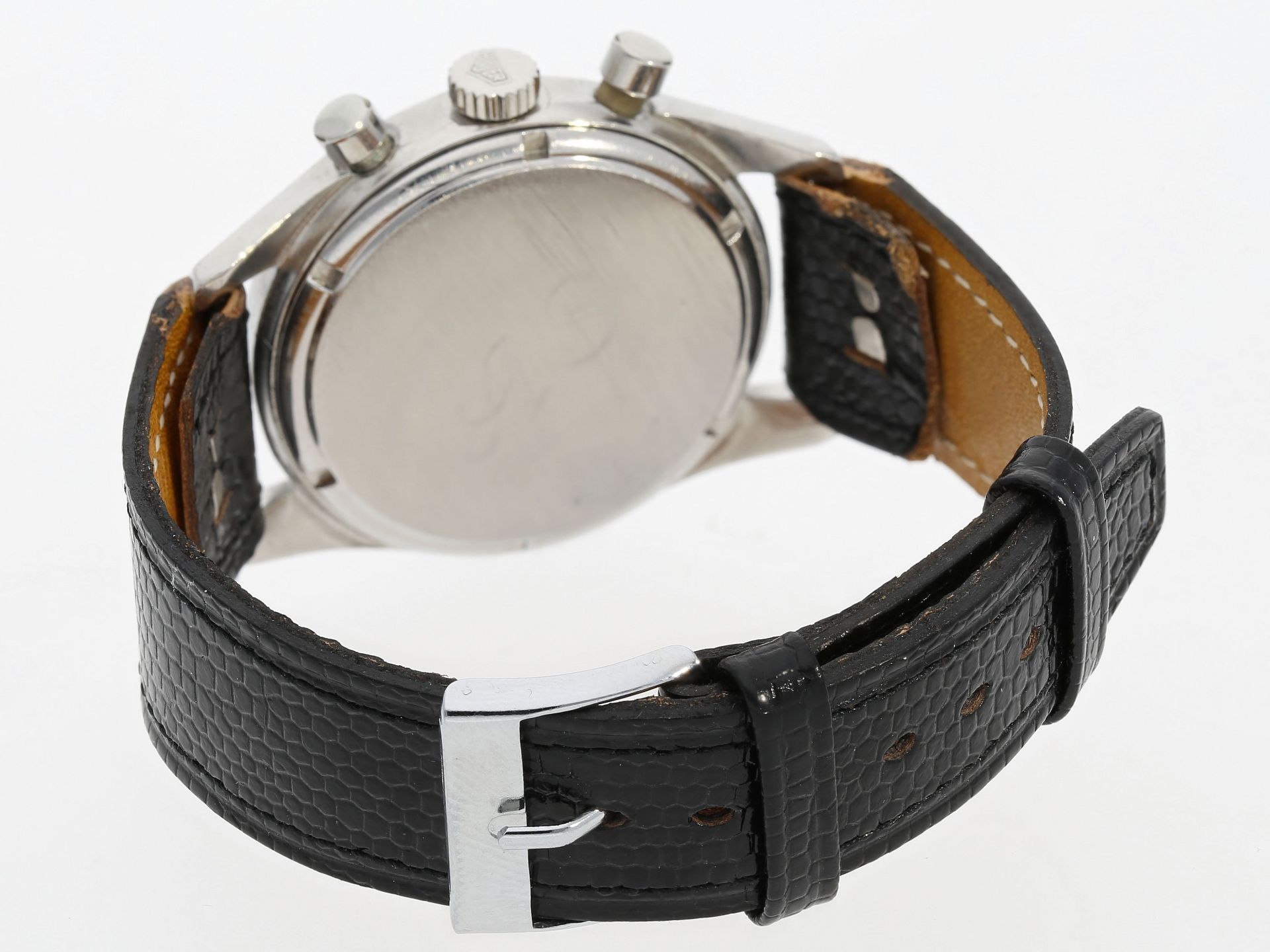 Armbanduhr: sehr seltener Heuer Carrera Chronograph mit schwarzem Tritium-Blatt, ca.1965 - Bild 2 aus 2