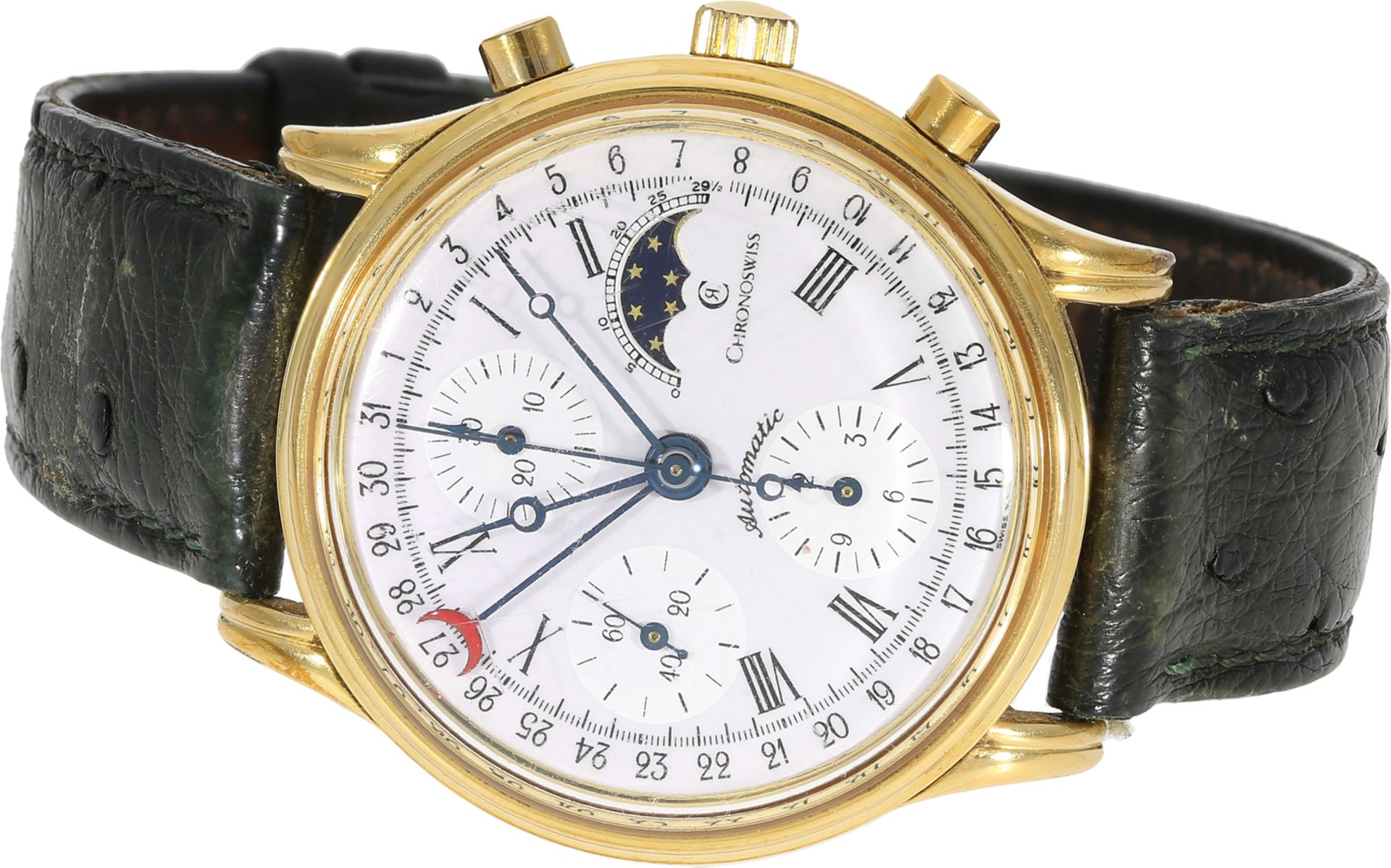 Armbanduhr: vintage Chronoswiss Chronograph mit Kalender und Mondphase, Ref.77990, ca.1985
