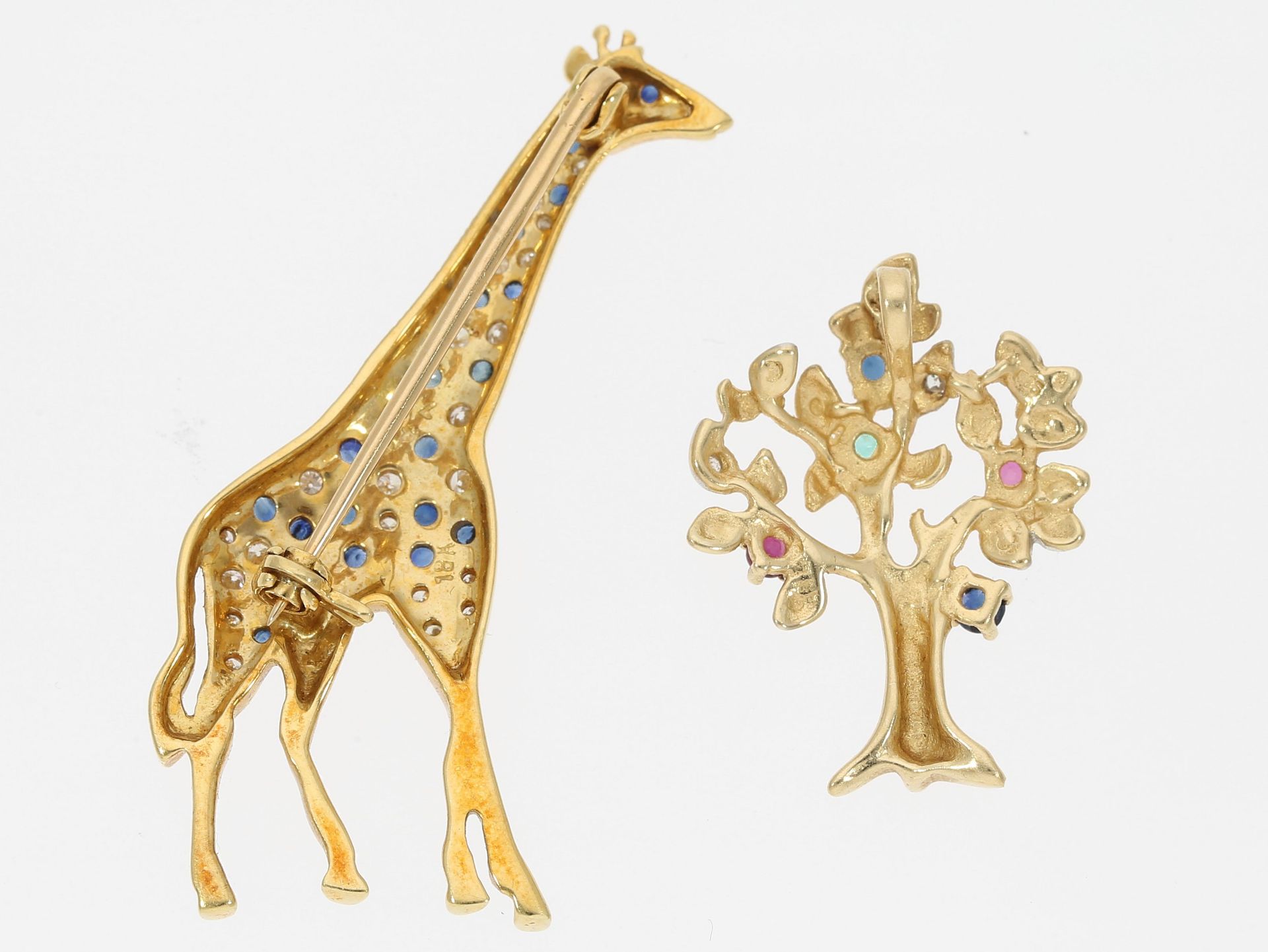 Anhänger/Brosche: Brillant-/Saphir-Giraffenbrosche und Baumanhänger, 18K und 14K Gold - Bild 2 aus 2