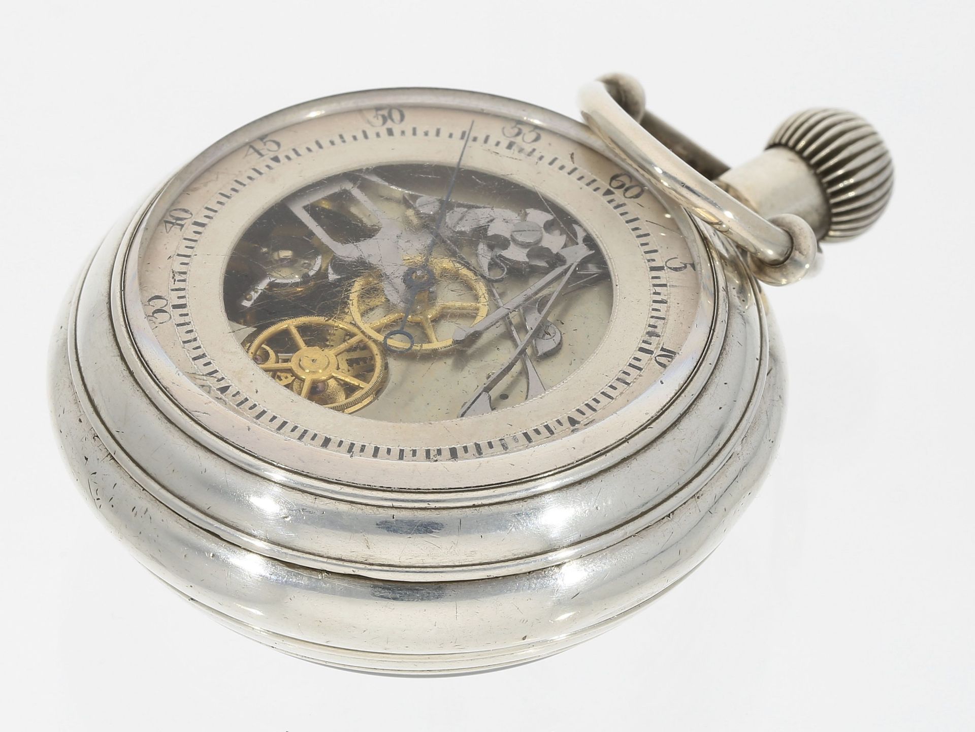 Taschenuhr: frühe, sehr seltene doppelseitige Taschenuhr mit Chronograph, verm. England um 1870, Ank - Bild 3 aus 3