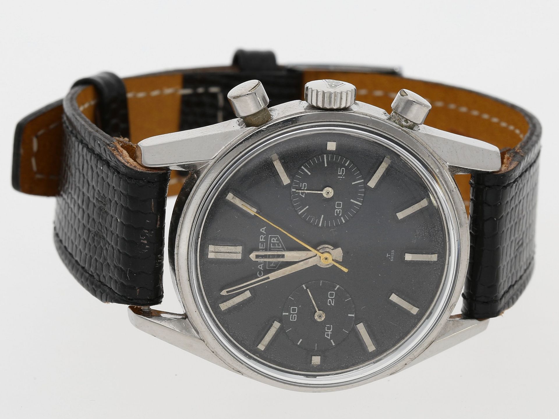Armbanduhr: sehr seltener Heuer Carrera Chronograph mit schwarzem Tritium-Blatt, ca.1965