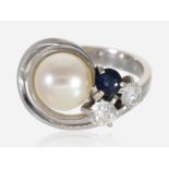 Ring: ausgefallener vintage Designer-Goldschmiedering mit einer Perle und feinem Brillantbesatz