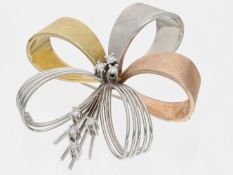 Brosche/Nadel: ausgefallene vintage Designer-Goldschmiedebrosche mit Brillanten, 14K Gold, Tricolor