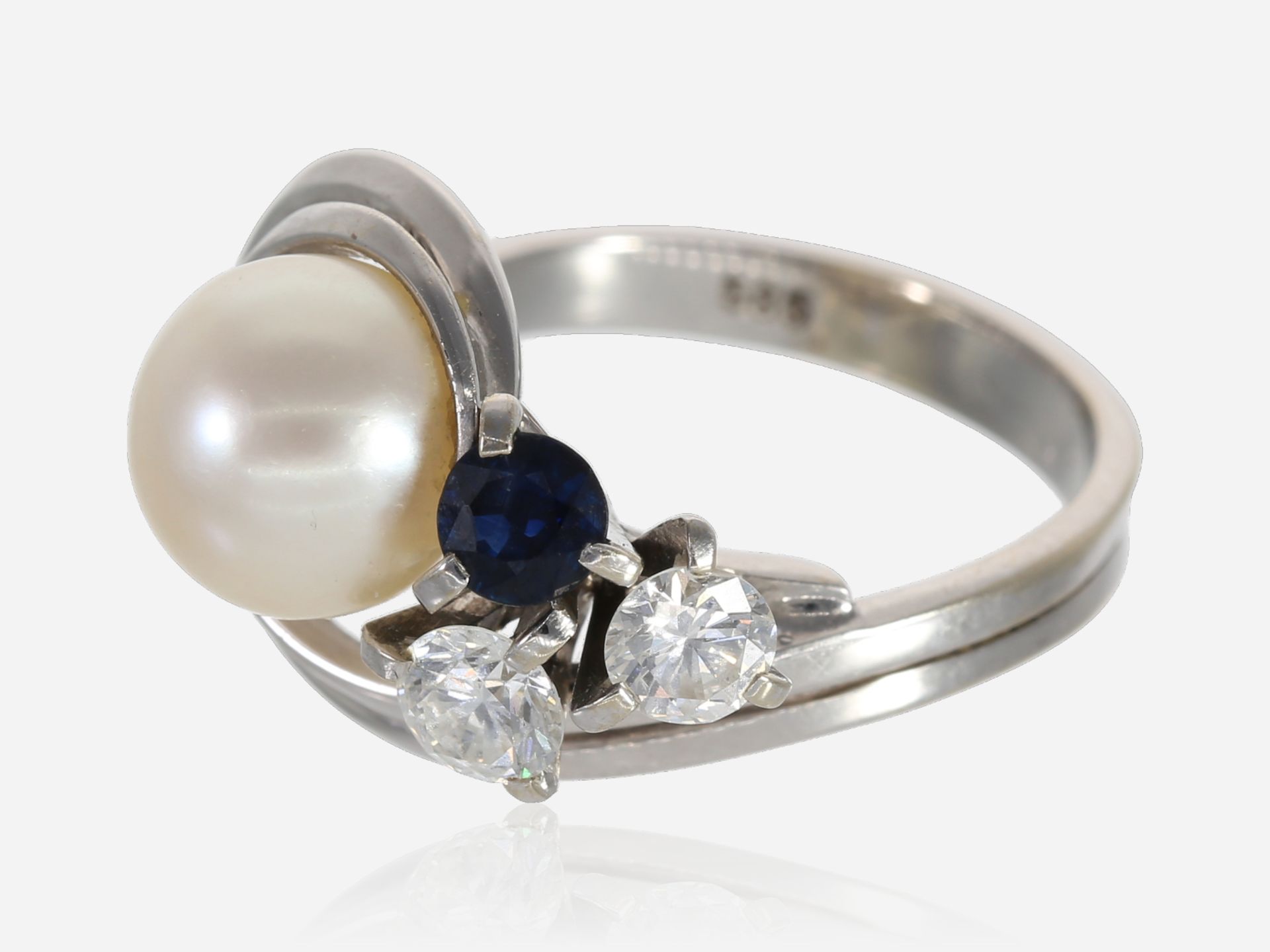 Ring: ausgefallener vintage Designer-Goldschmiedering mit einer Perle und feinem Brillantbesatz - Bild 3 aus 3