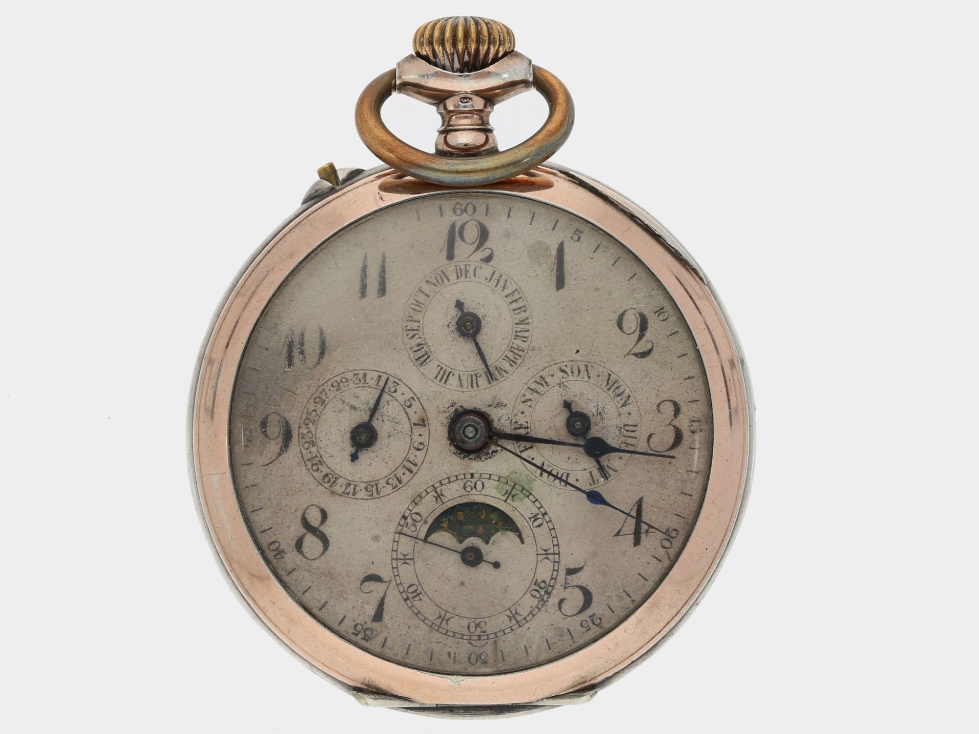 Taschenuhr: komplizierte astronomische Taschenuhr mit Vollkalender und Mondphase, Roskopf ca. 1900