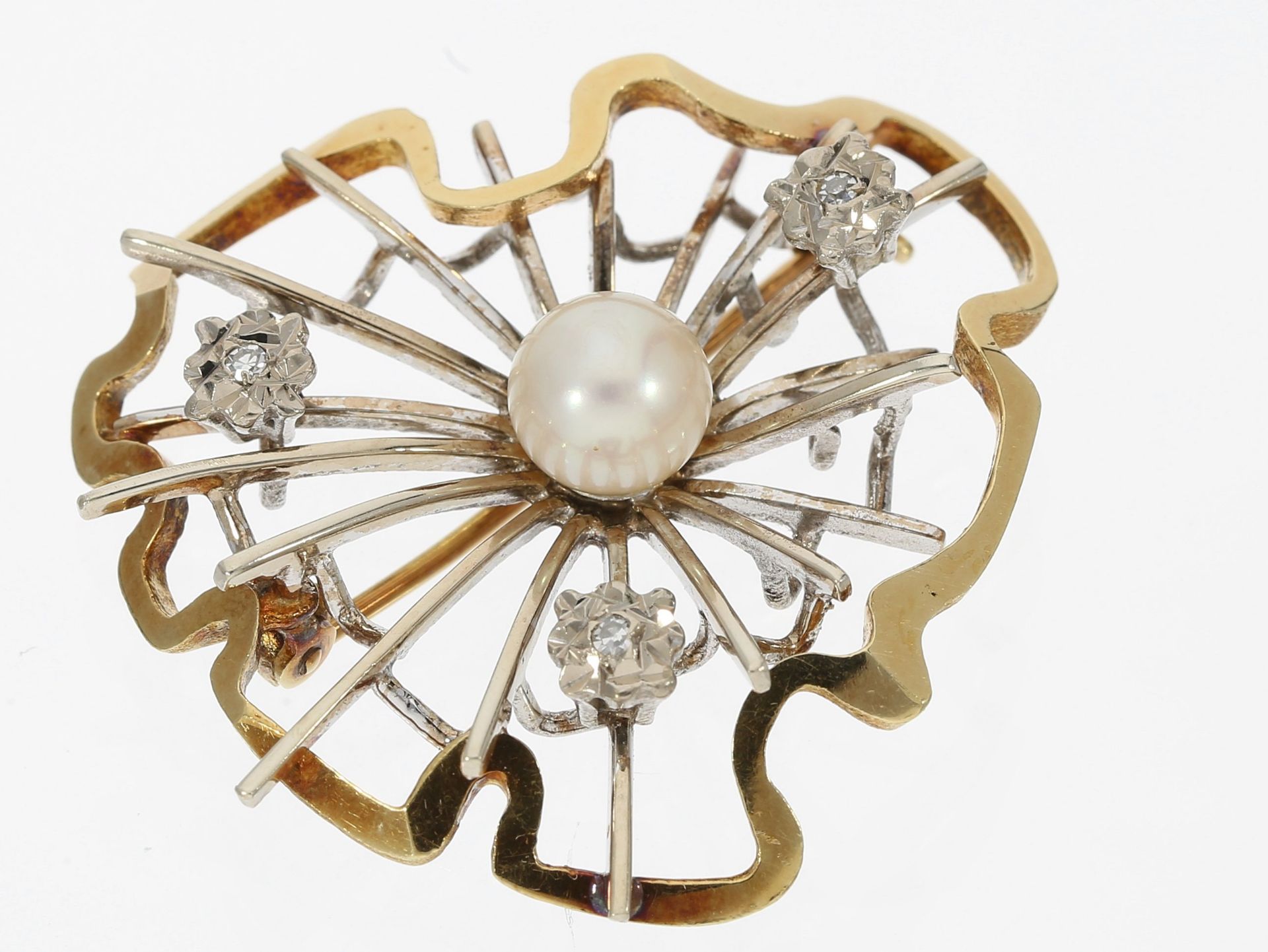 Brosche/Nadel: handgearbeitete und sehr schöne vintage Perlen/Diamant-Goldschmiedebrosche
