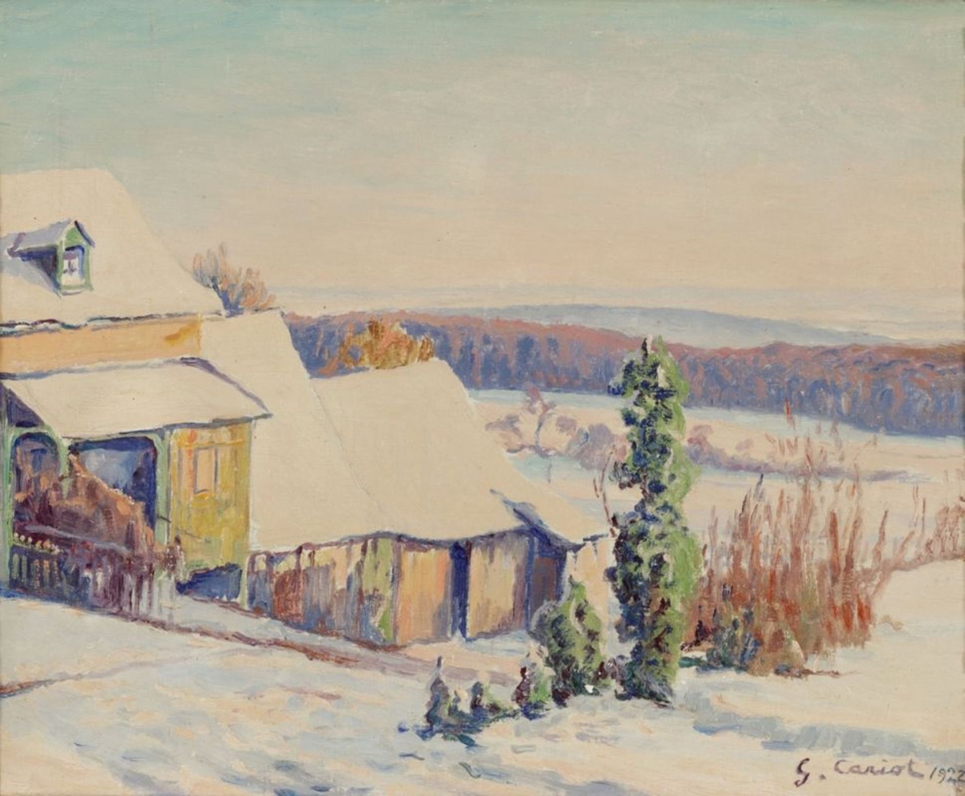 Gustave Cariot1872 Paris - 1950 Mandres - Haus in Winterlandschaft - Öl/Lwd. 33,5 x 41 cm. S