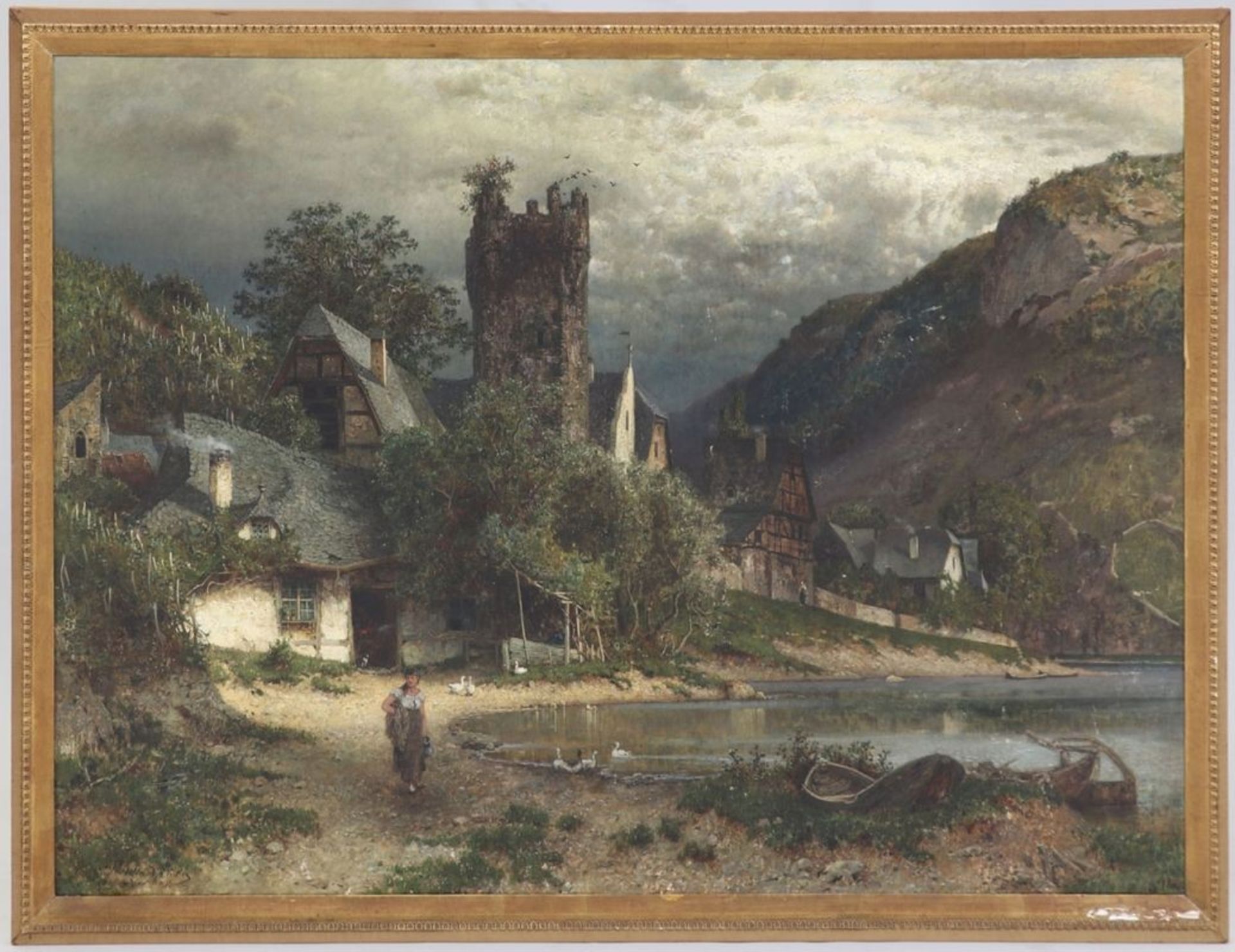 Paul Koken1853 Hannover - 1910 Hannover - Idyllische Dorfszene am See - Öl/Lwd. 95 x 139 cm. - Bild 2 aus 2