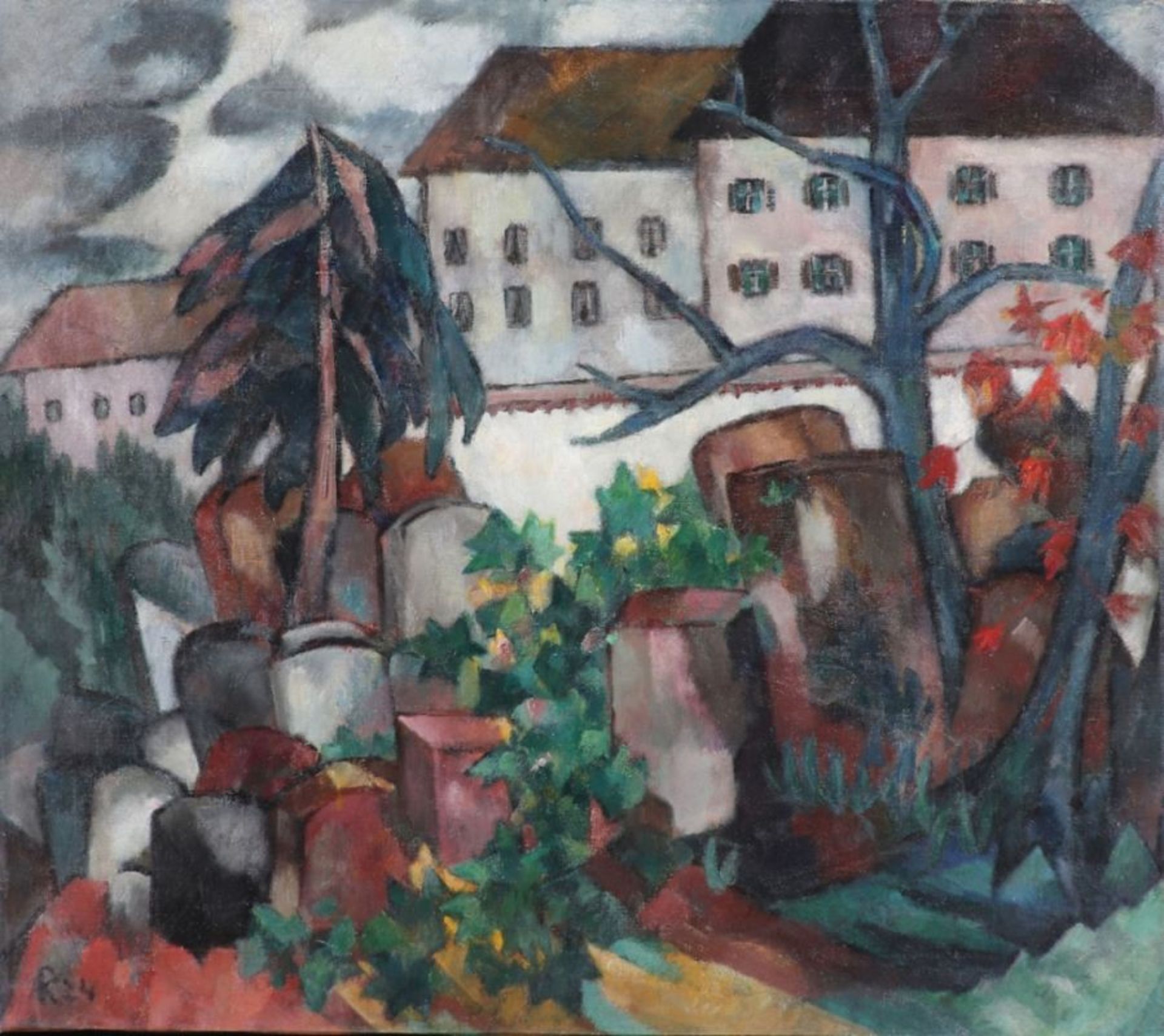 Künstler des Expressionismus- Blick auf Friedhof - Öl/Lwd. 57,5 x 60 cm. Monogr. und dat. l