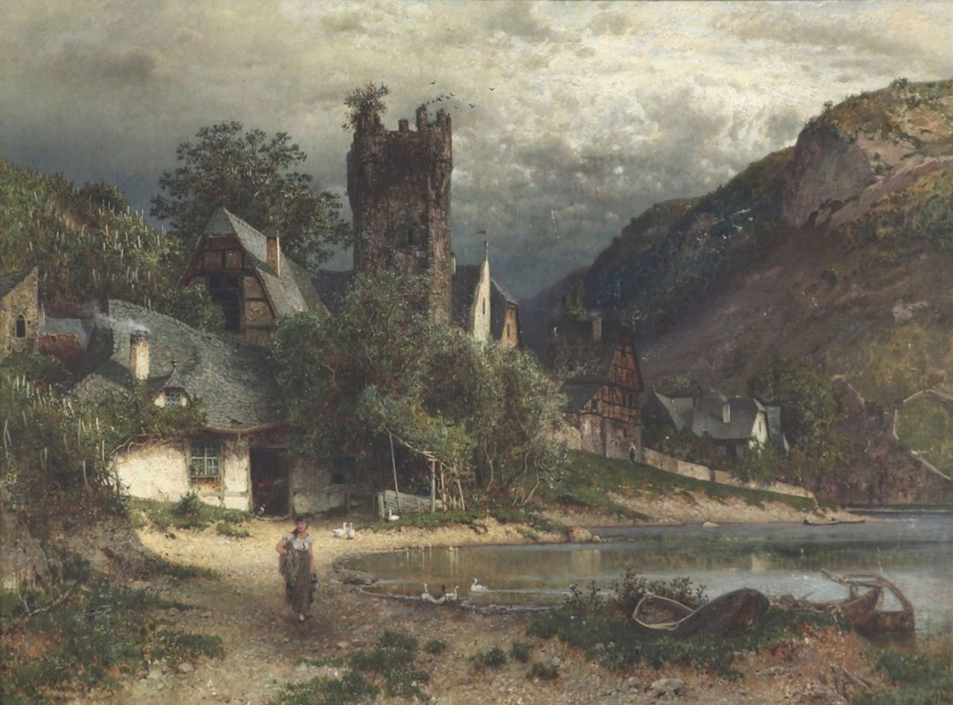 Paul Koken1853 Hannover - 1910 Hannover - Idyllische Dorfszene am See - Öl/Lwd. 95 x 139 cm.