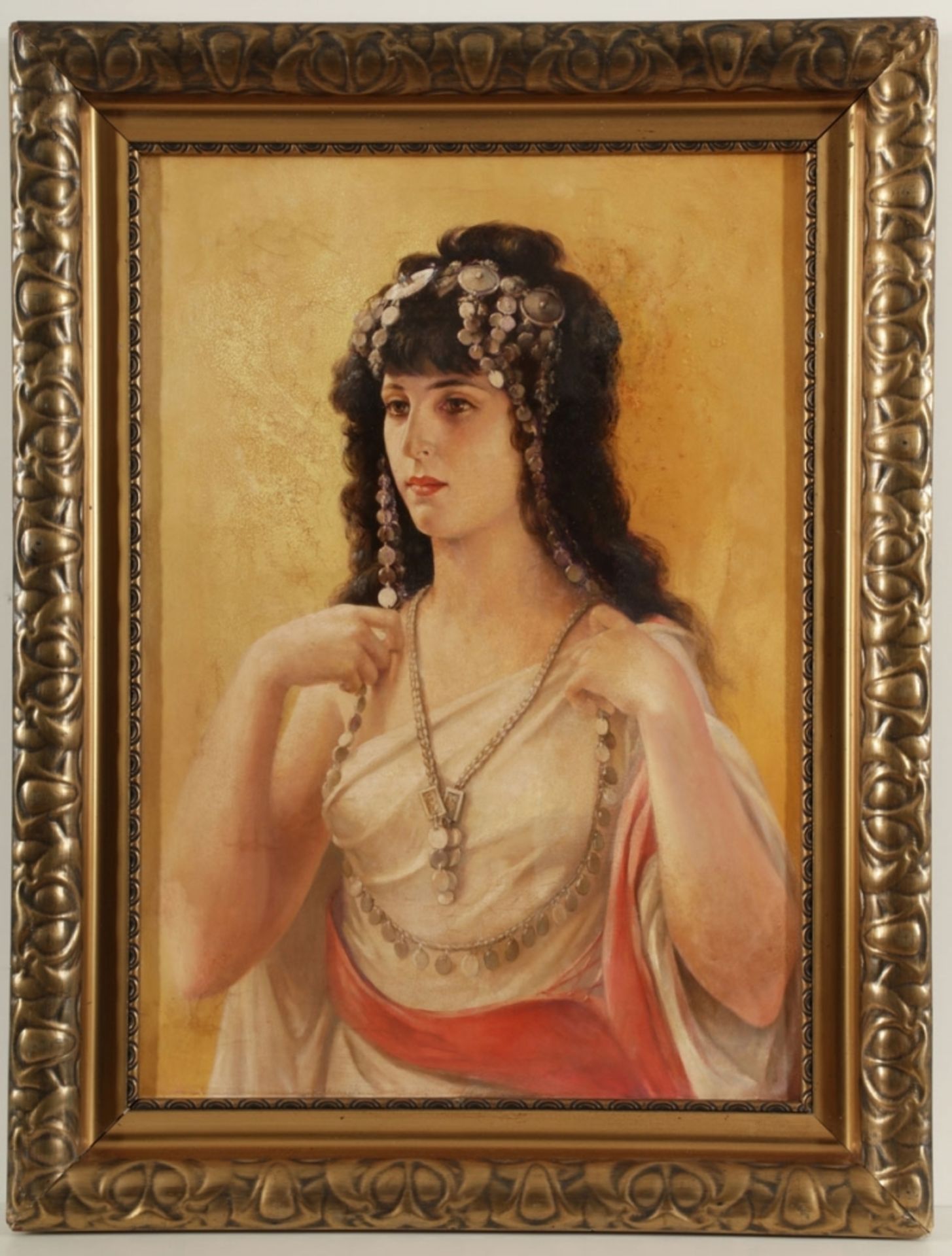 Künstler des 19. Jahrhunderts- Junge Frau in orientalischer Tracht - Öl/Lwd. 85,5 x 60 cm. - Bild 2 aus 2
