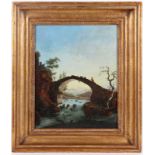 Künstler des 19. Jahrhunderts- Romantische Flusslandschaft mit Brücke - Öl/Holz. 40 x 32 c