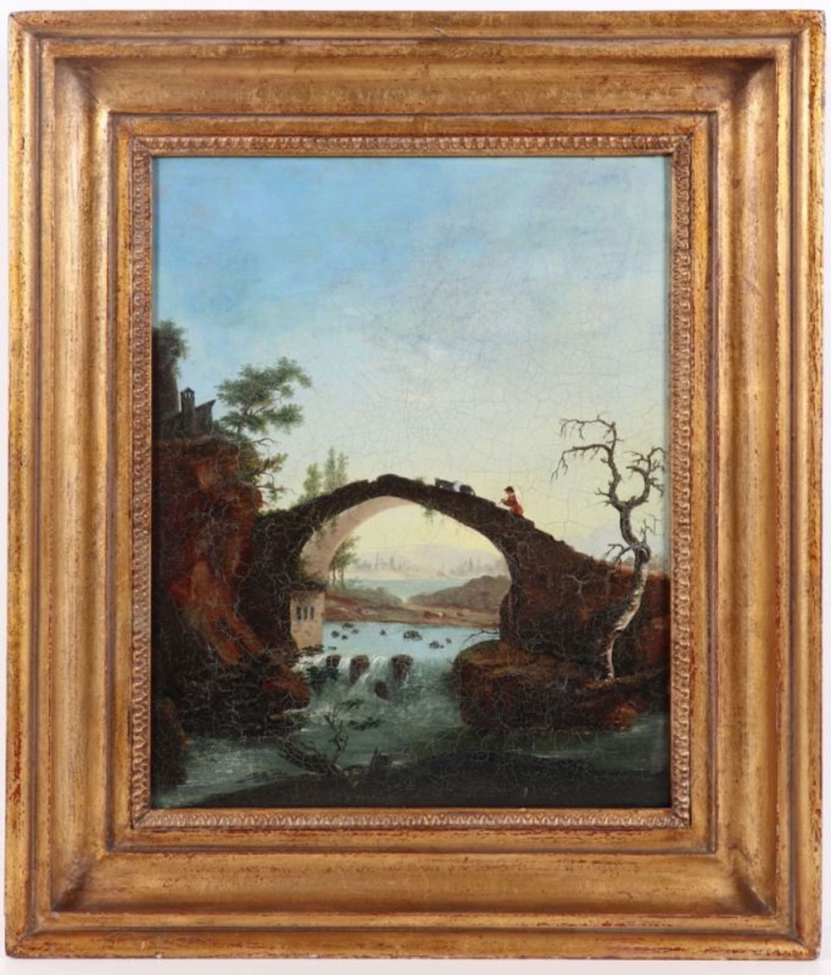 Künstler des 19. Jahrhunderts- Romantische Flusslandschaft mit Brücke - Öl/Holz. 40 x 32 c