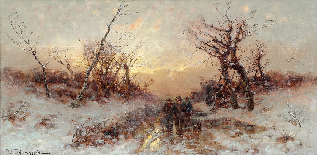 Désiré Thomassin-Renardt 1858 Wien - 1933 München - Jäger in Winterlandschaft - Öl/Lwd.