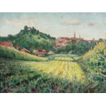 Max von Mertens 1877 Diedenhofen - 1963 Hannover - Maiskornfeld mit Dorfansicht - Öl/Hartkar