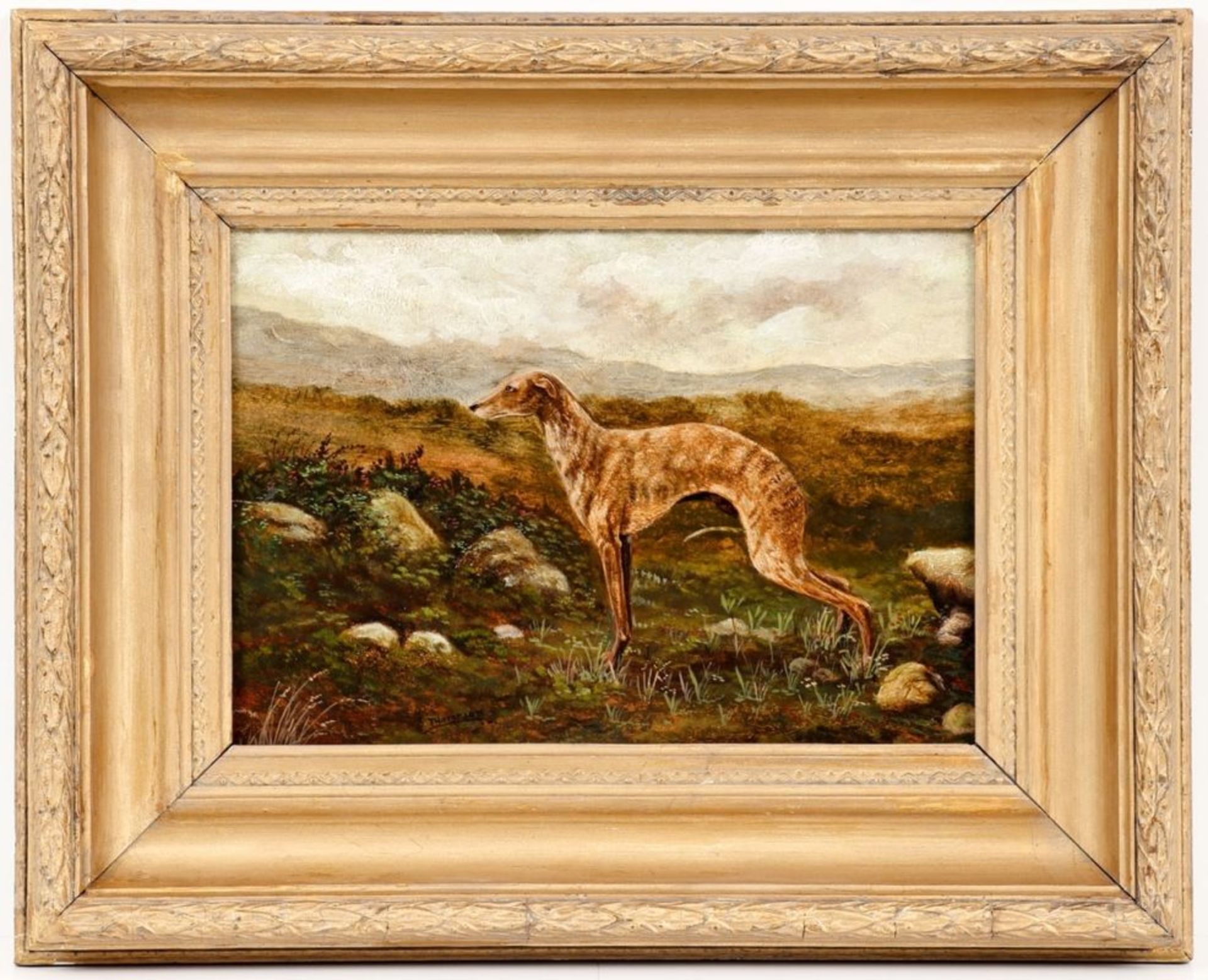 S. Thompson Künstler des 19. Jahrhunderts - Windhund - Öl/Karton. 25,2 x 35,2 cm. Sign. l. - Bild 2 aus 2