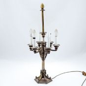 6flg. Jugendstil Tischlampe Messing. H. 73 cm. B. 29,5 cm. Ber.