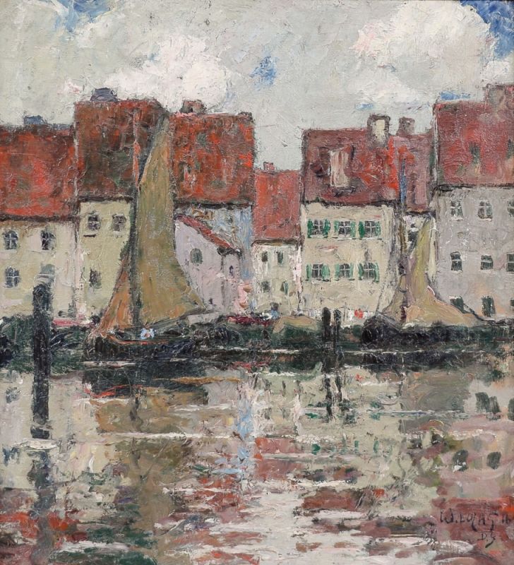 Wilhelm Lucas 1884 Driburg - 1918 Garmisch - Fischerhafen einer holländischen Stadt - Öl/Lw