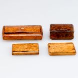 4 Tabakdosen Russland, 19. Jh. Karelische Birke. Best. 2 Dosen 1,5 x 8,5 x 6 cm. 1 Dose 4 x 8